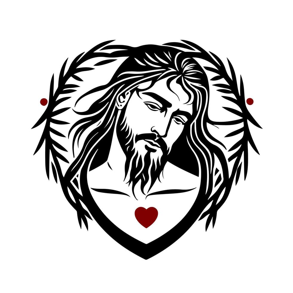 Jesus Christ and a wreath of a sacred plant in the shape of a heart. Ornamental design for logo, mascot, sign, emblem, t-shirt, embroidery, crafting, sublimation, tattoo. vector