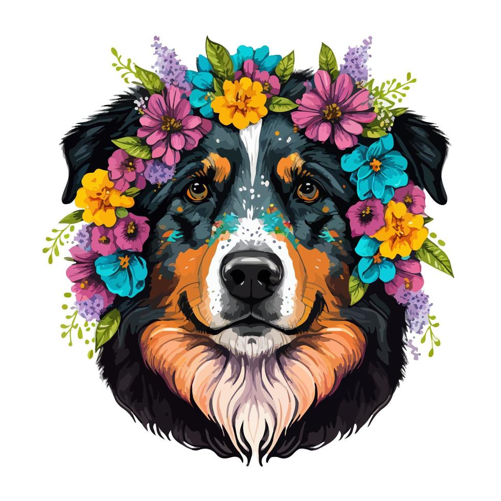 Portrait of an Australian Shepherd dog in flowers. Abstract vector illustration, mix of WPAP and pop art styles. Printable design for wall art, t-shirts, mugs, cases, etc.