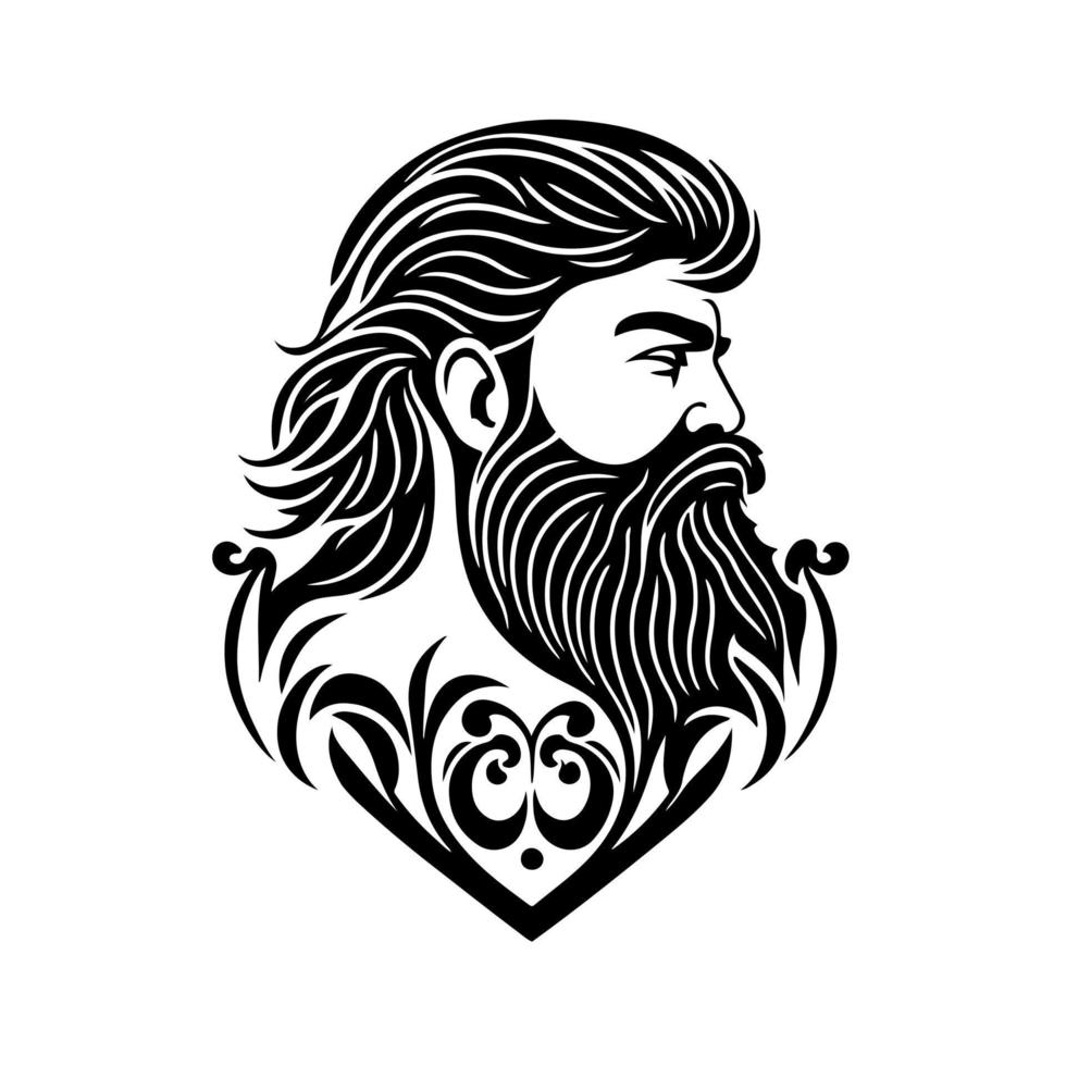 Portrait of a bearded man with a long beard. Ornamental vector illustration for logo, sign, emblem, embroider. Isolated on white background.