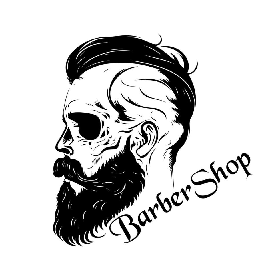 Brutal skull with beard and mustache. Vector illustration for barbershop, men's hairstyle salon.