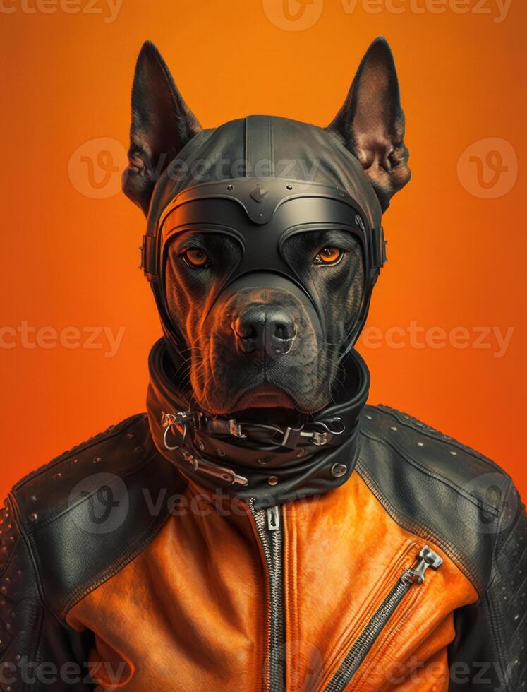 Portrait of bad dogs wearing jacket on orange background. Created photo