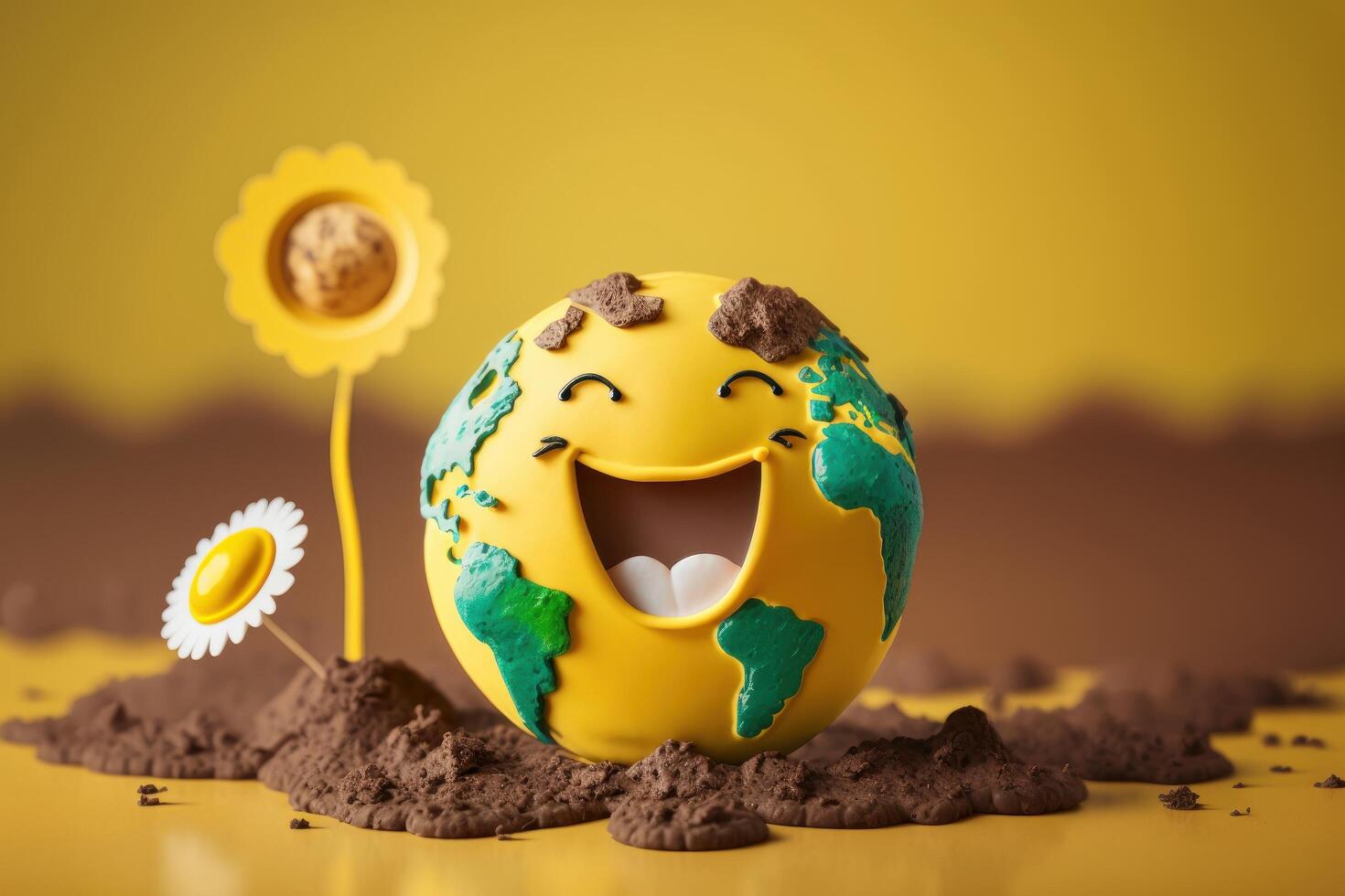 Cute Earth character laughting on yellow background, Happy Earth day, World laughter day. photo