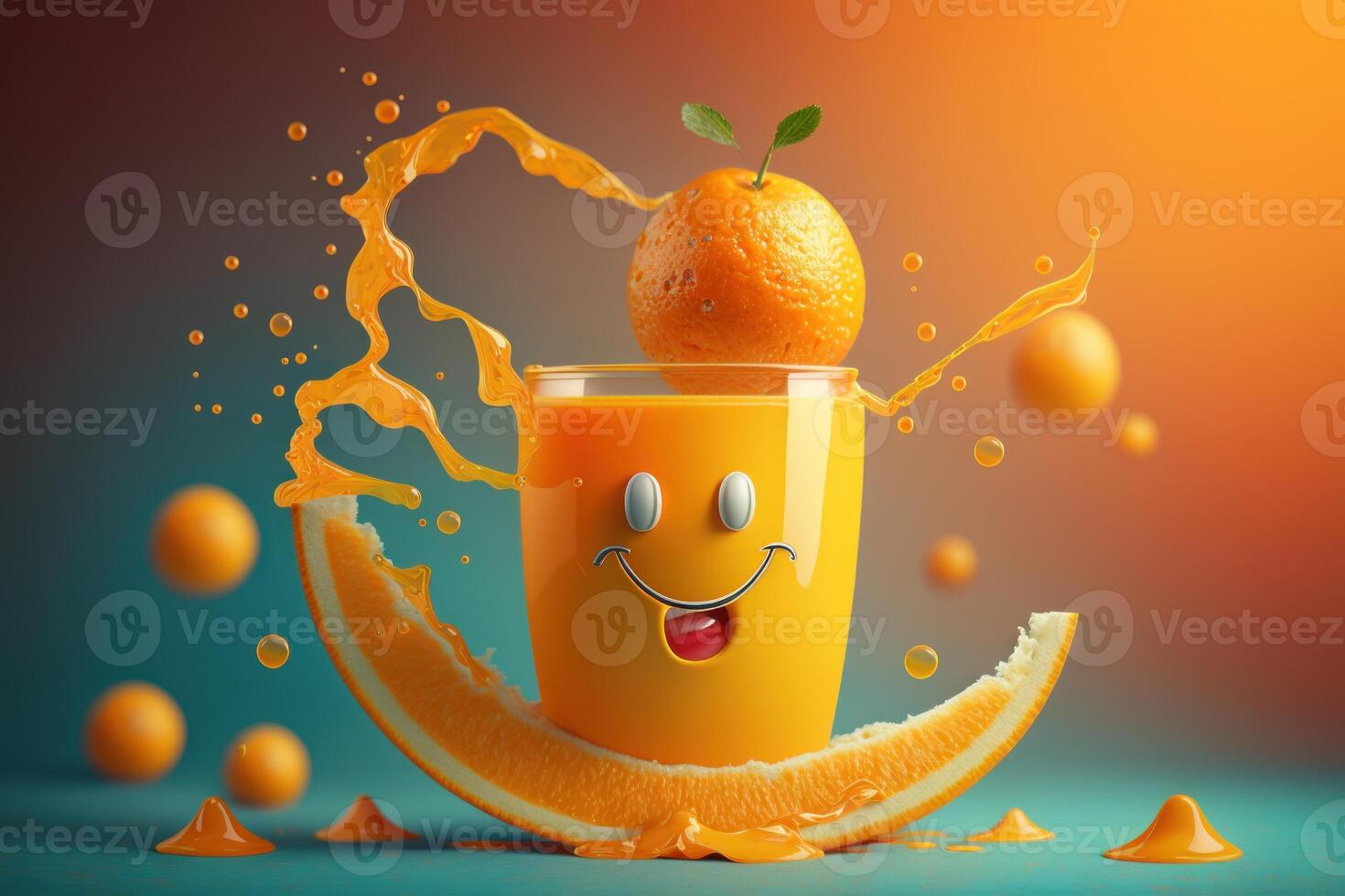 Cheerfull glass of Orange juice character smiling background. Freshy Orange juice. Created photo