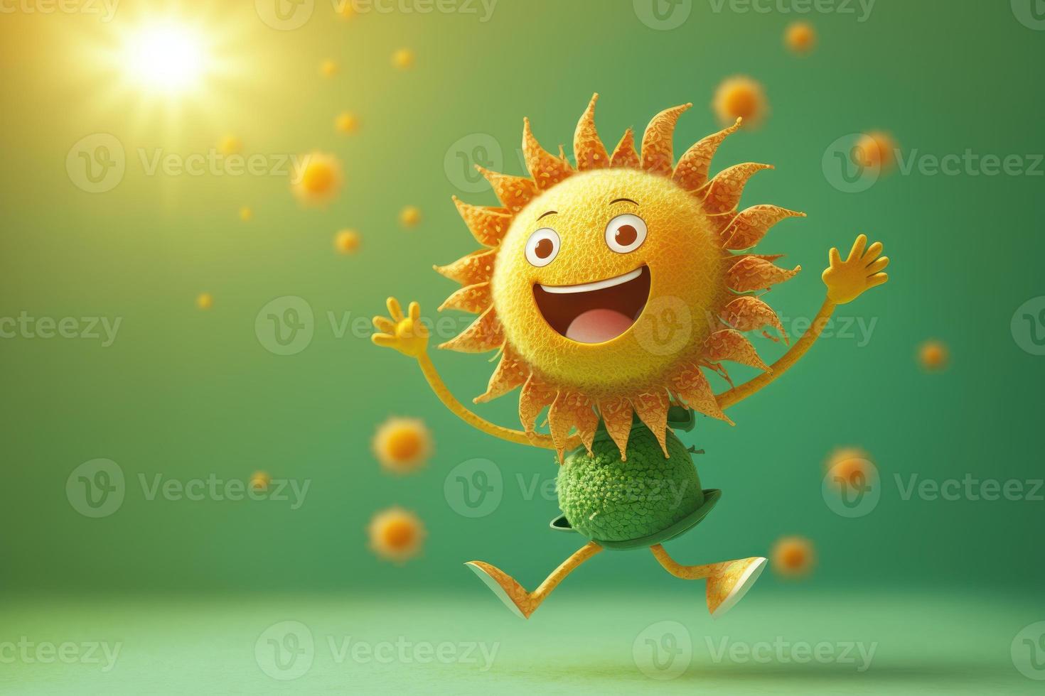 Joyful sun character laughting in fantasy world background. Created Generativa ai photo