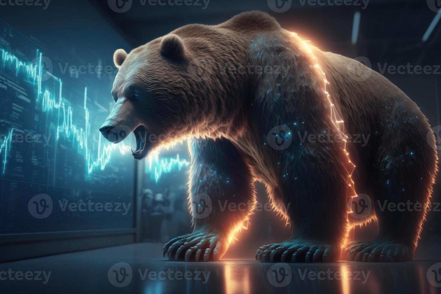 Angry Bear with computer, Bearish in Stock market and Crypto currency. photo