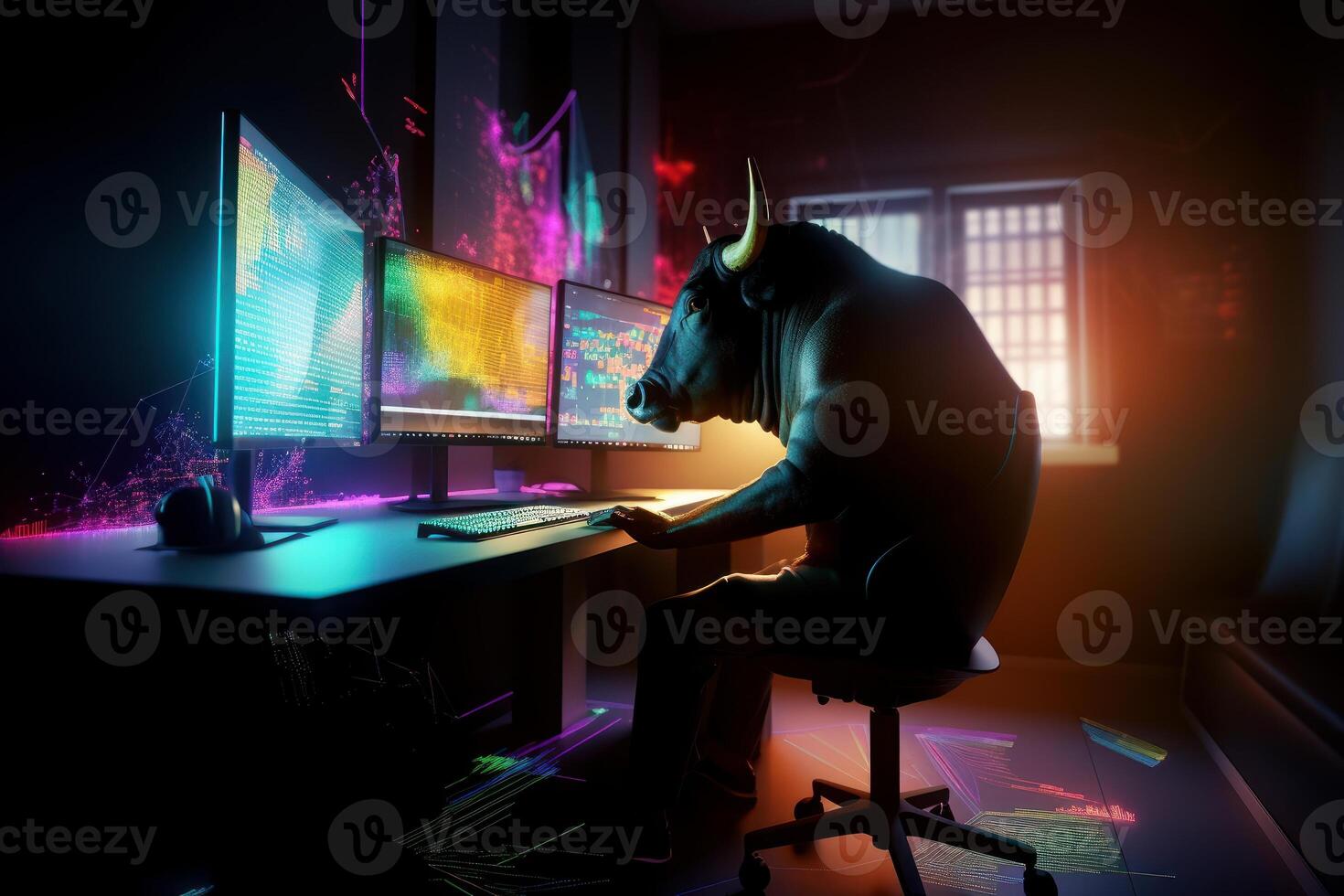 Bull trading with computer with graph on screen, Bullish in Stock market and Crypto currency. Created photo