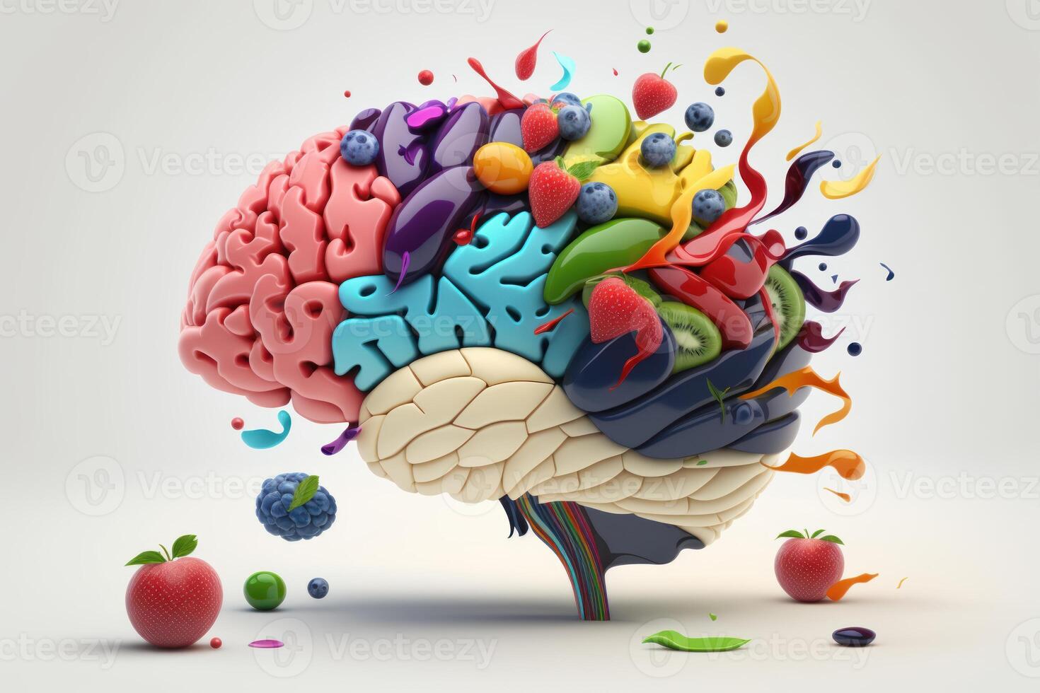 Various Fruits forming a creative brain, Eating healthy food as nutrition to improve memory and thinking. photo