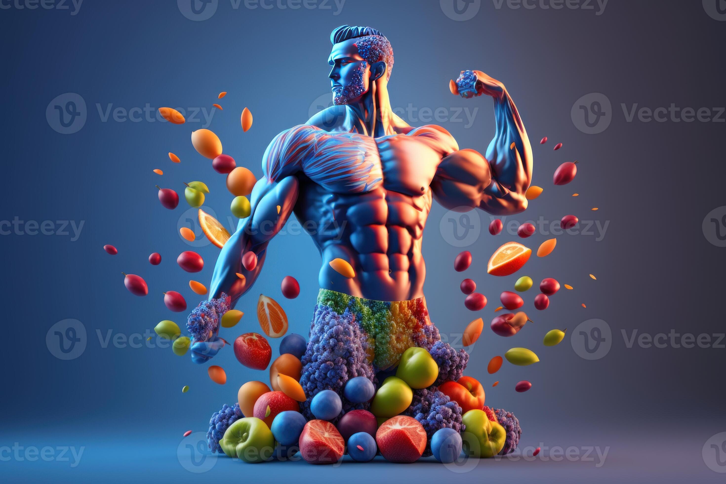 Fruits forming a strong body, Man posing muscular body builder