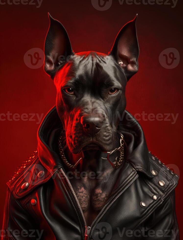 Portrait of bad dogs wearing jacket on red background. Created photo