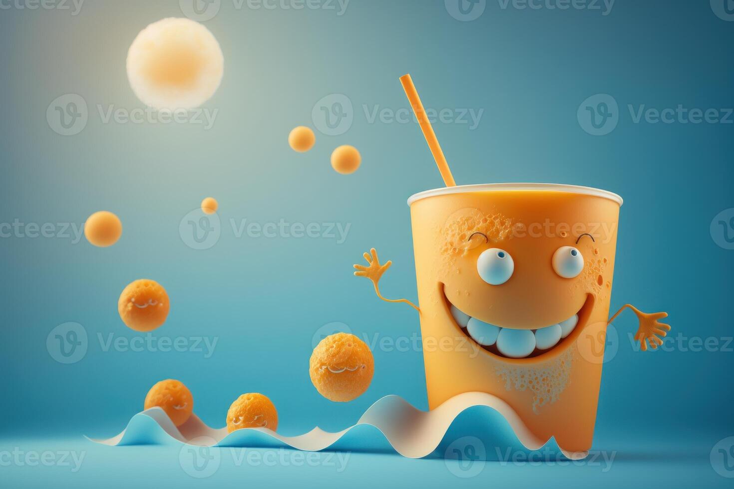 Cheerfull glass of Orange juice character smiling background. Freshy Orange juice. Created photo