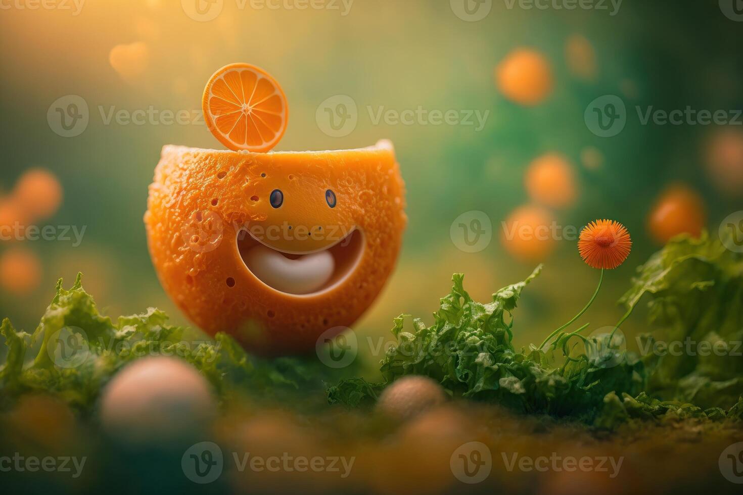 Cheerful Orange character smiling on green background. Created photo