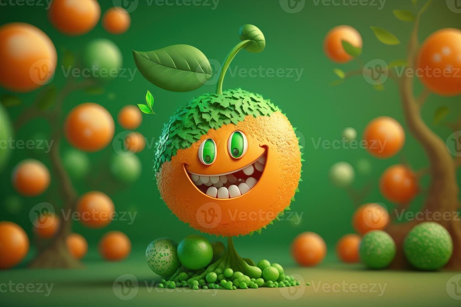 Cheerful Orange character smiling on green background. Created photo