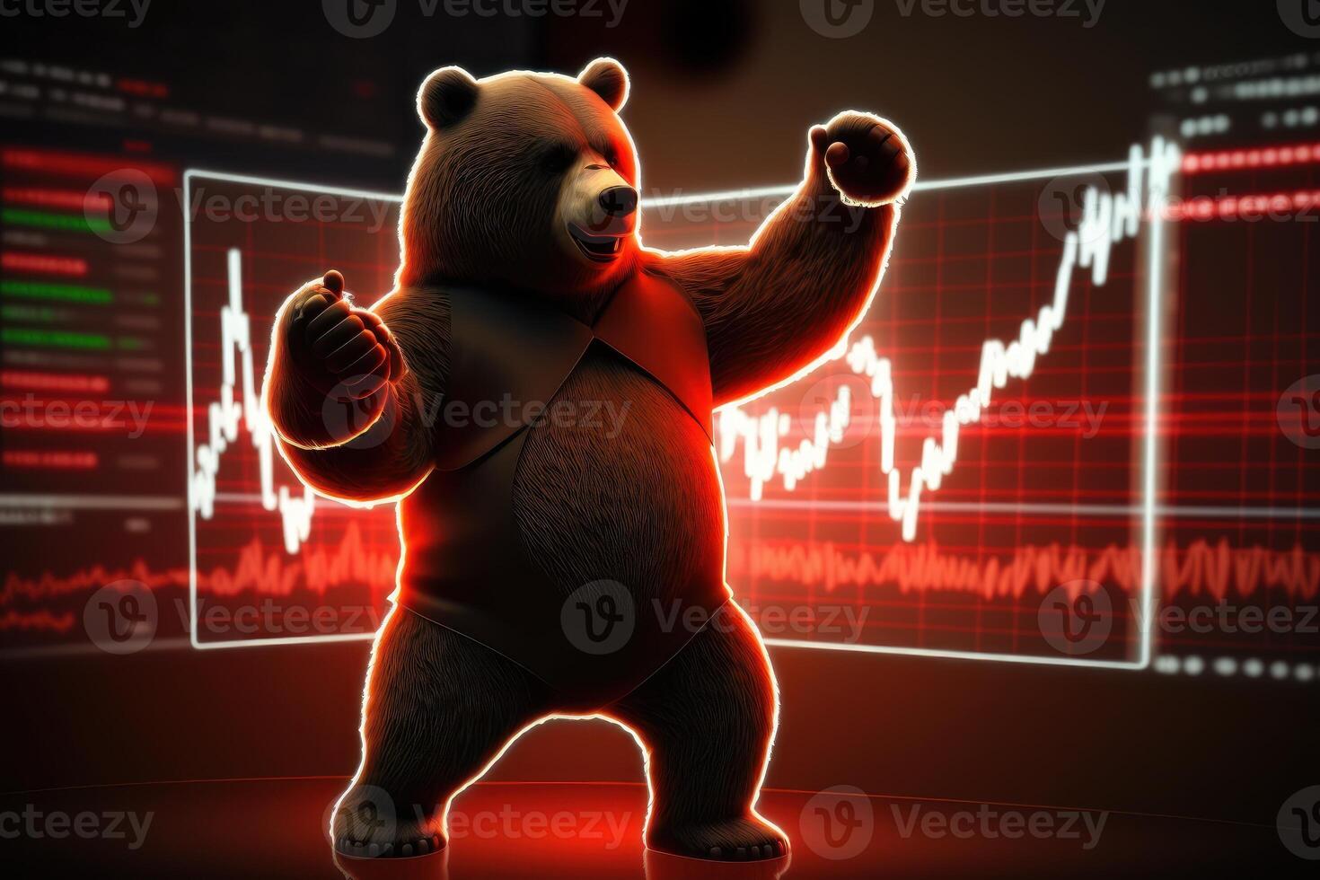 Bear bearish divergence in stock market and Crypto currency with red graph background. Created photo