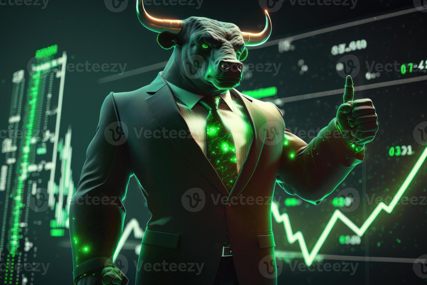 Bull bullish divergence in Stock market and Crypto currency with green graph background. Created photo