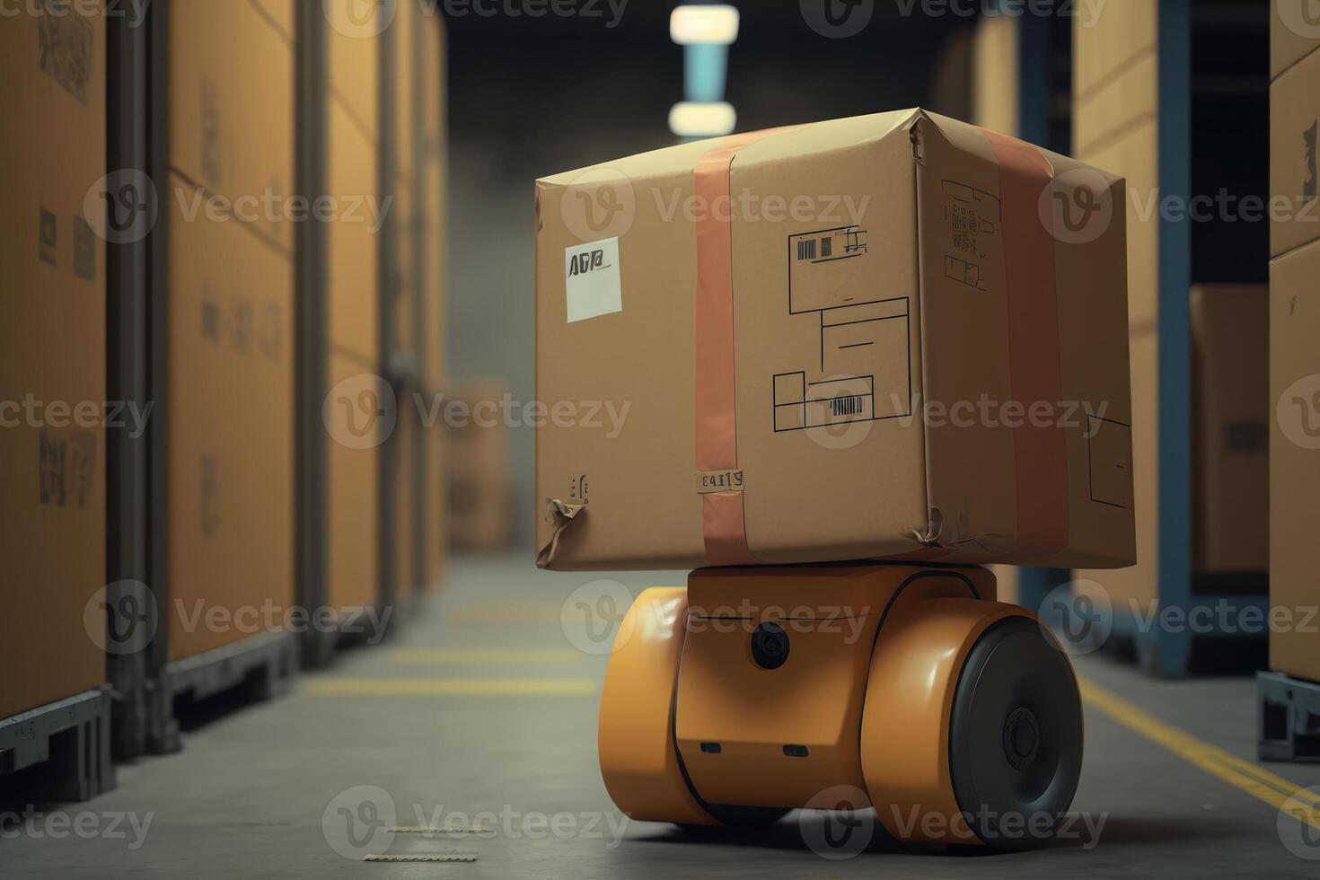 Automated robotic carrying box in warehouse, Distribution logistics center concept. Created photo