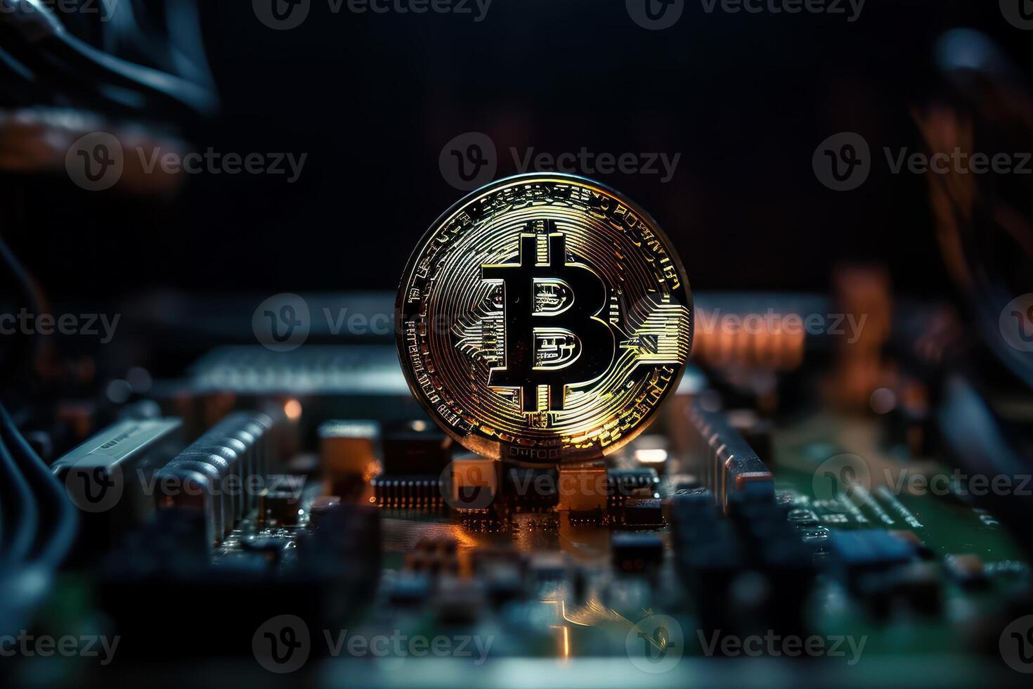 Golden bitcoin with computer circuit background, Crypto currency investment concept. photo