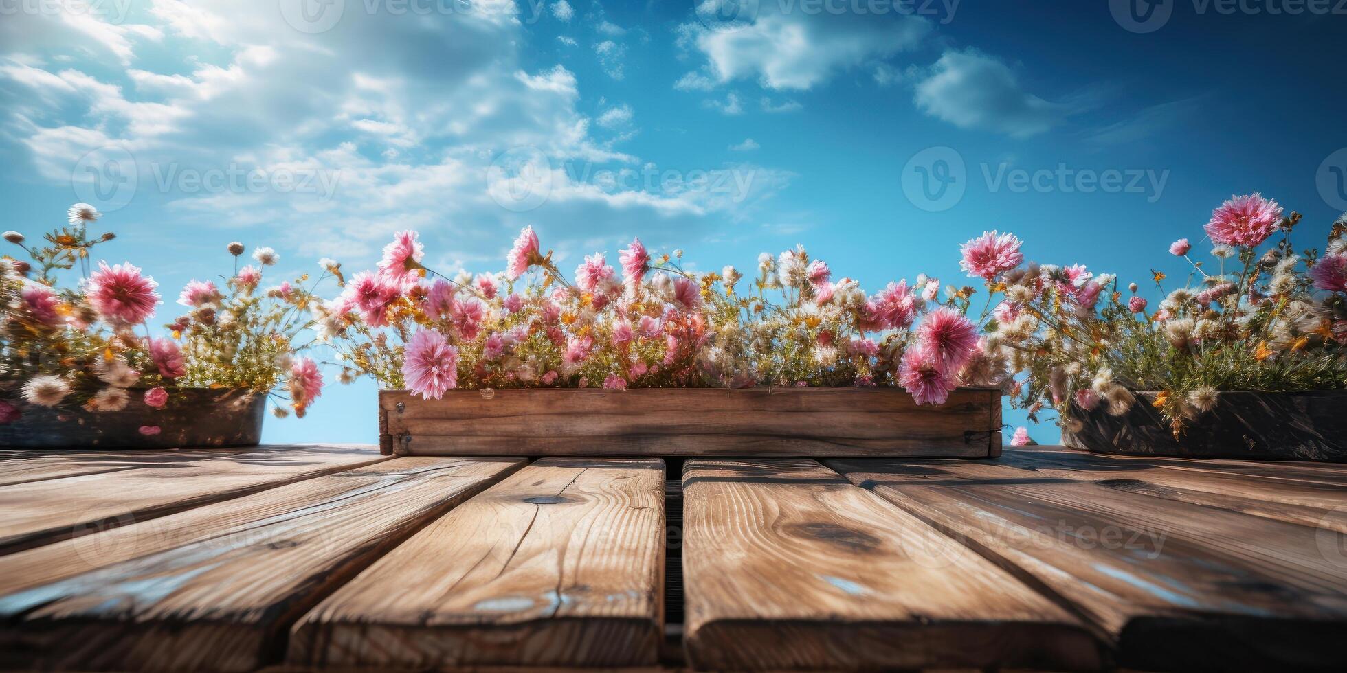 Empty wooden table with flowers field background, Desk of free space for product display. Created photo