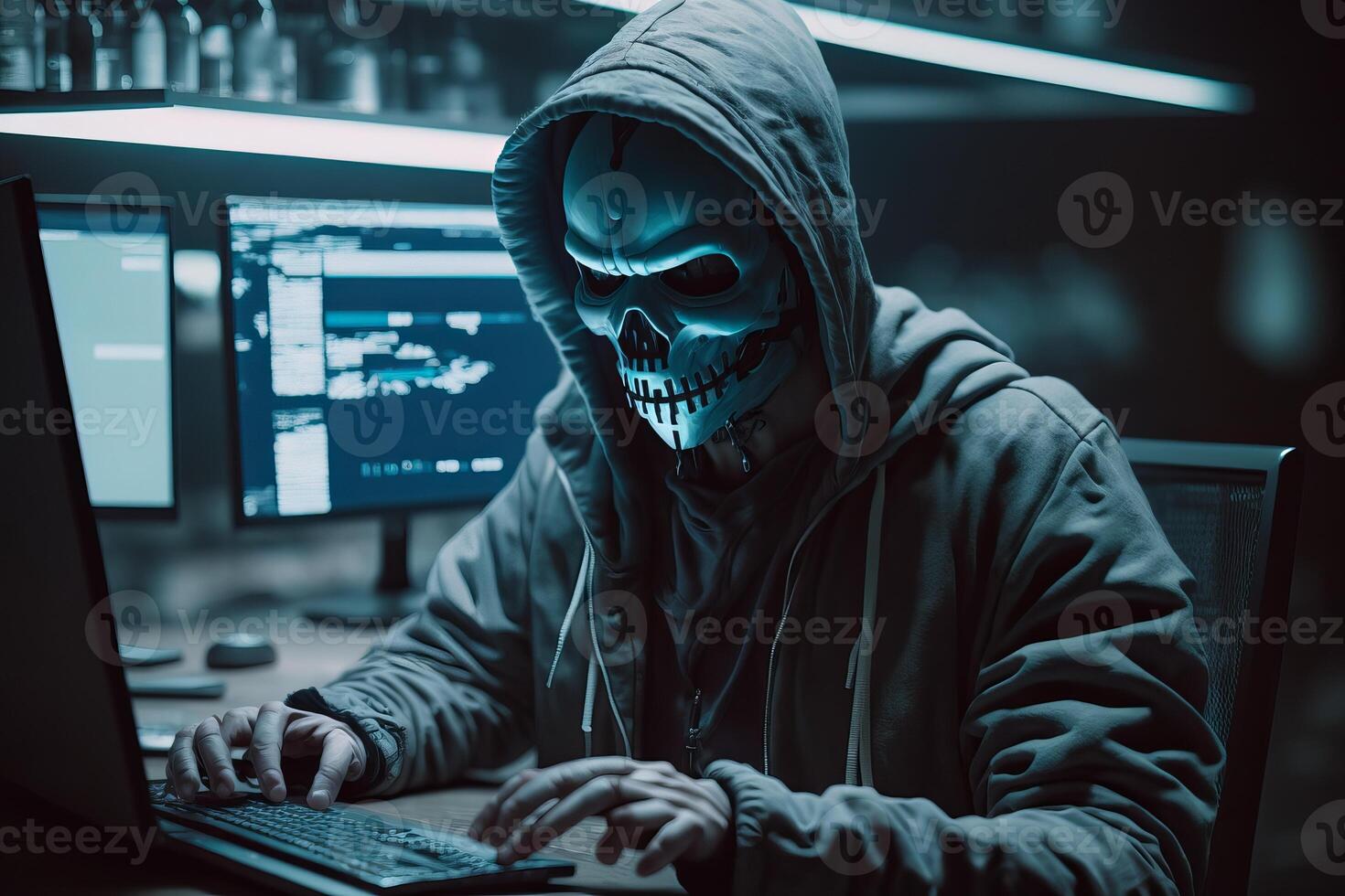 encapuchado hacker con máscara utilizando ordenador portátil descanso o ataque dentro datos servidor. hackear, codificación o malware concepto. generativo ai foto