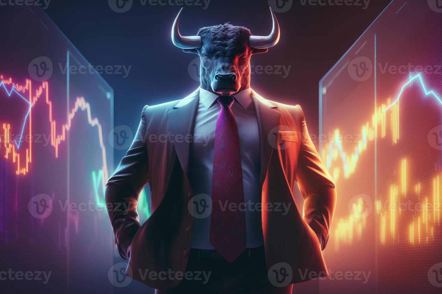 Bull wearing suit working with graph on screen, Bullish in Stock market and Crypto currency. Created photo