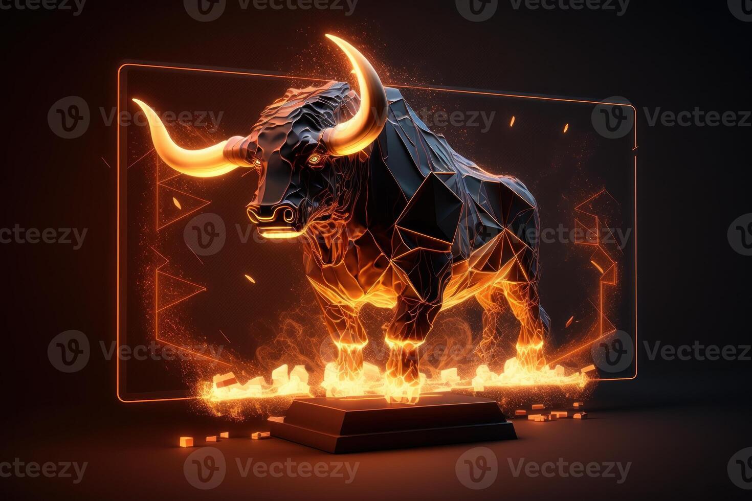 Fire sculpture of Bull, Bullish divergence in Stock market and Crypto currency. Created photo