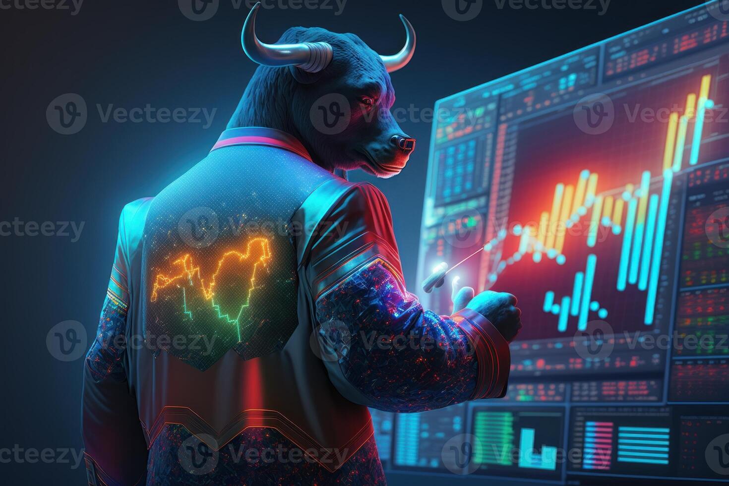 Bull wearing suit working with graph on screen, Bullish in Stock market and Crypto currency. Created photo