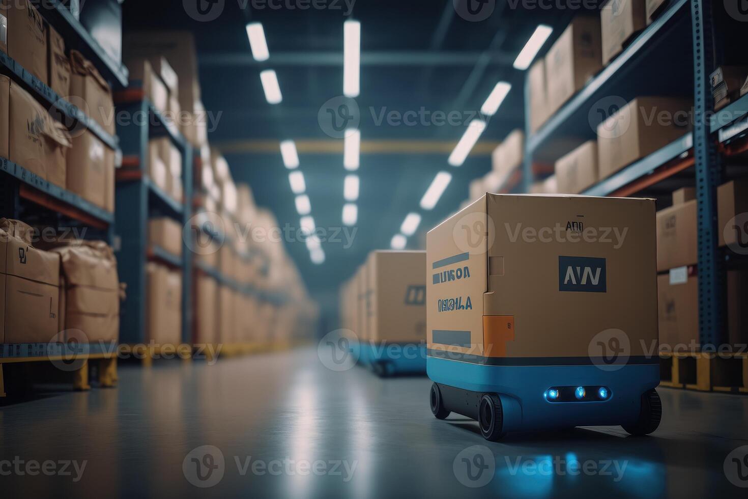 Automated robotics delivering cardboard Boxes in warehouse, Distribution logistics center concept. Created photo