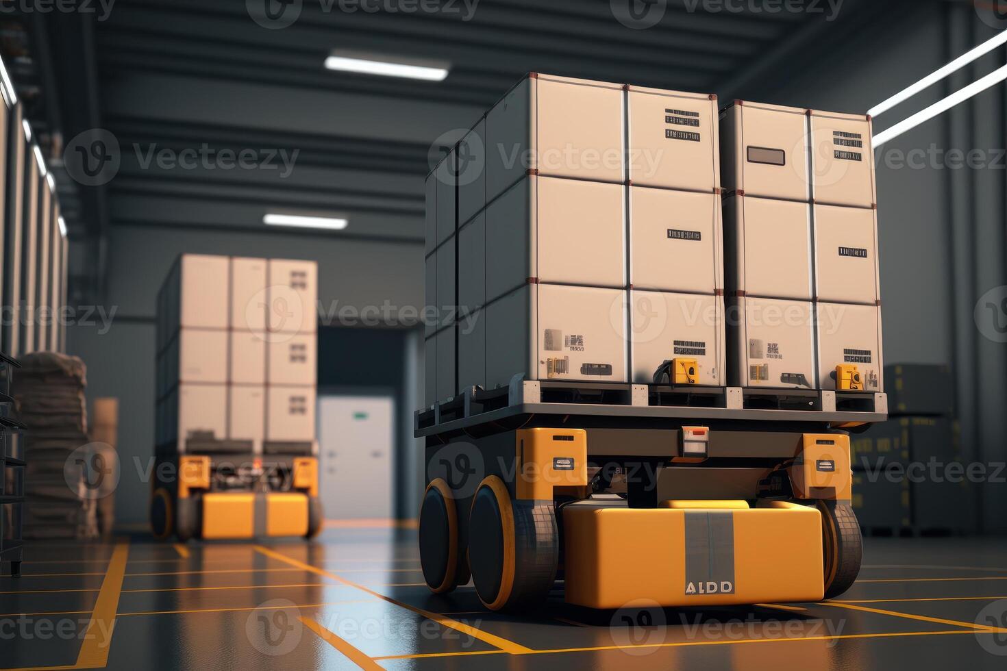 Automated robotics delivering cardboard Boxes in warehouse, Distribution logistics center concept. Created photo