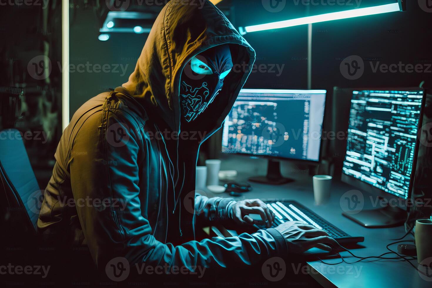 Hooded Hacker with mask using Laptop Break or Attack into Data server. Hacking, Coding or Malware concept. photo