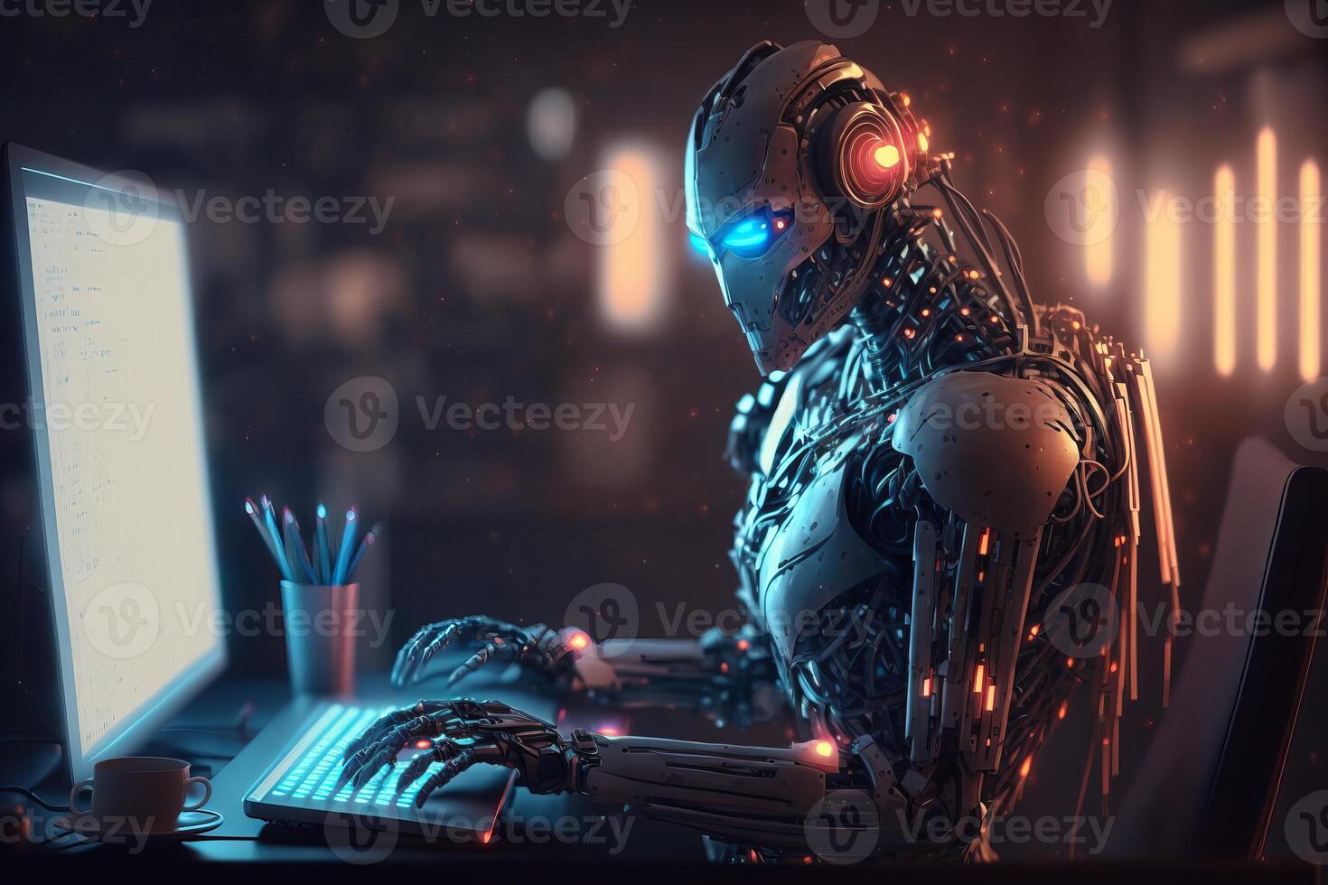 Ai Robot working with computer. Futuristic Humanoid worker. photo