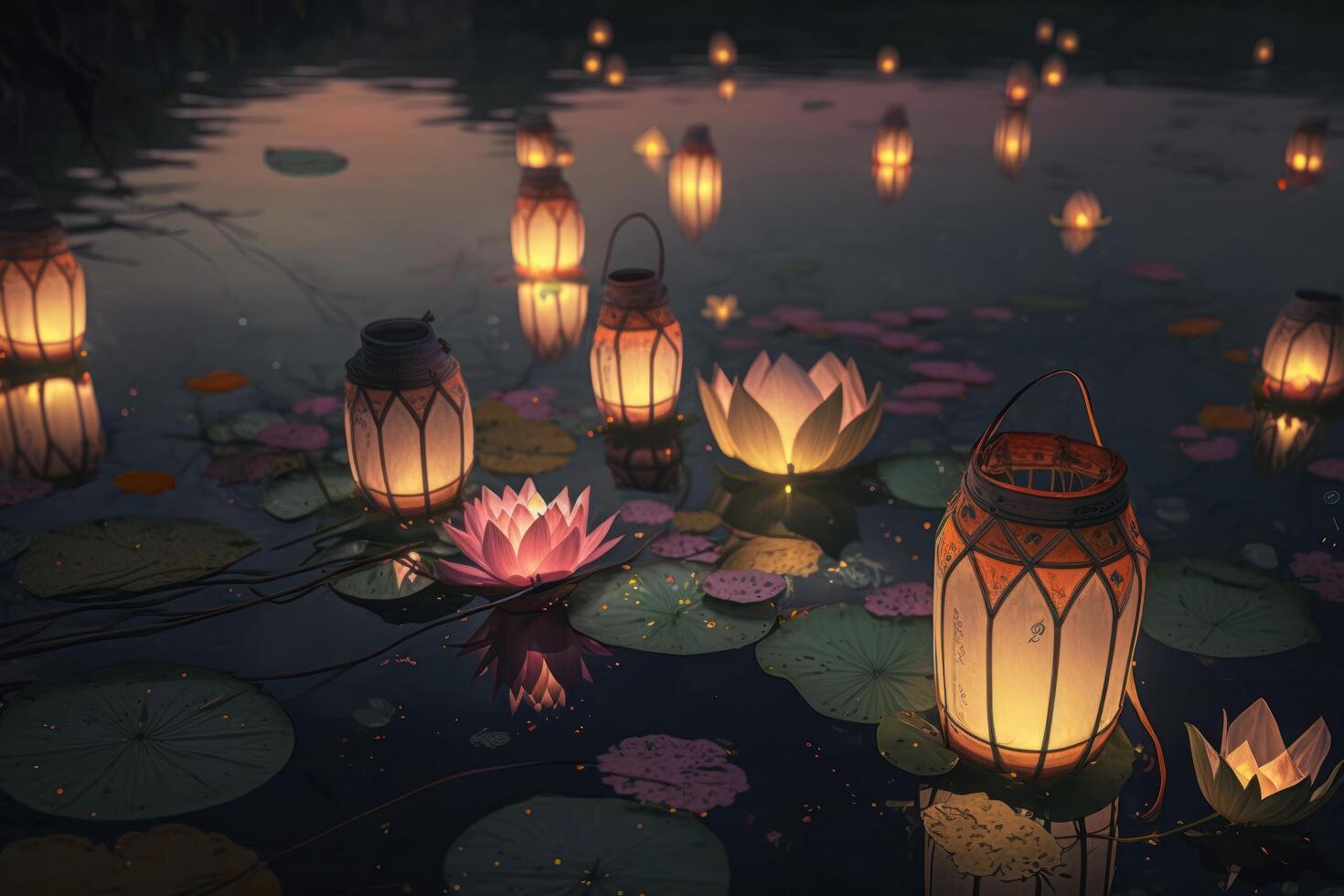 Lotus Lanterns floating on river with candle light background, Buddha purnima Vesak day. photo