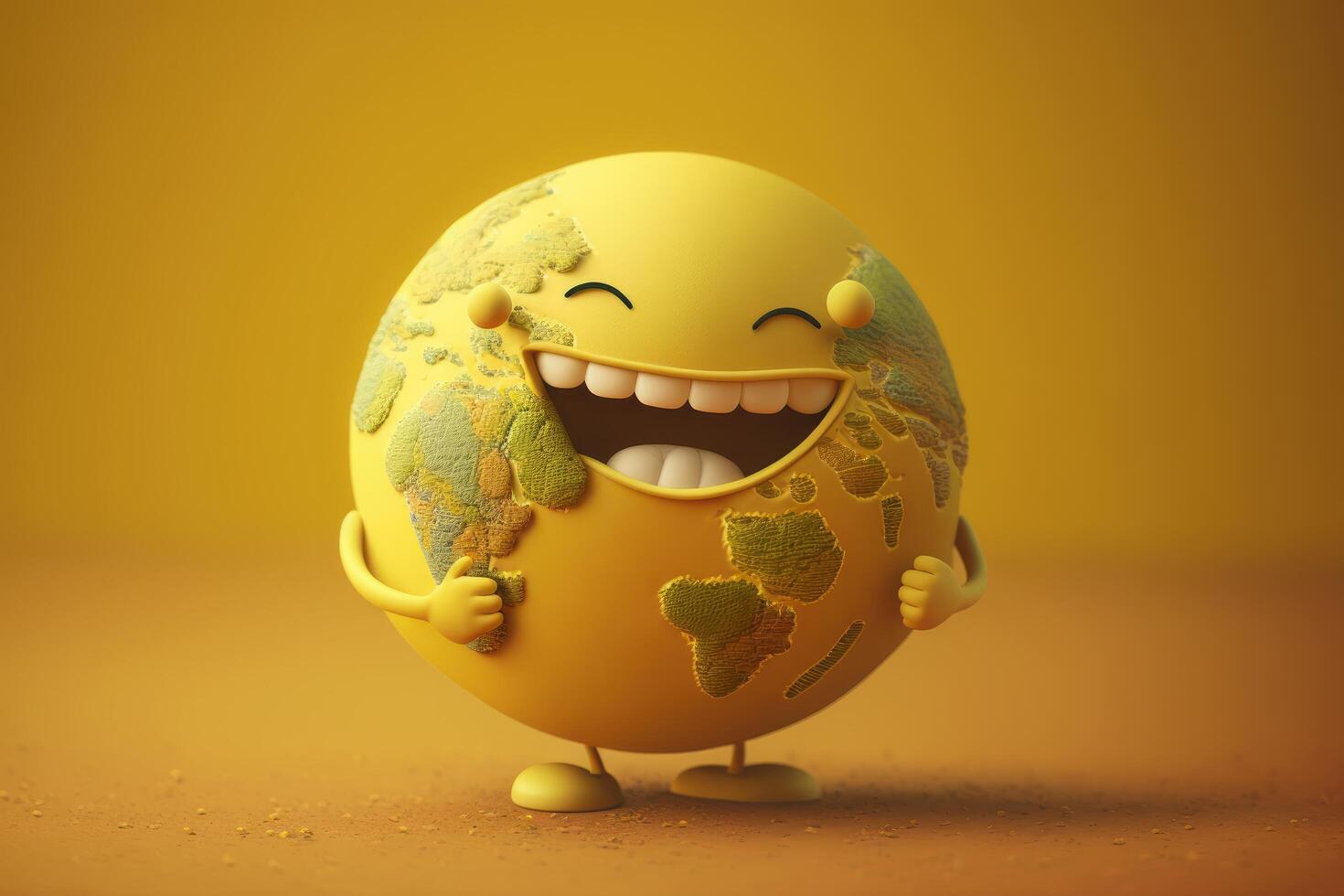 Cute Earth character laughting on yellow background, Happy Earth day, World laughter day. photo