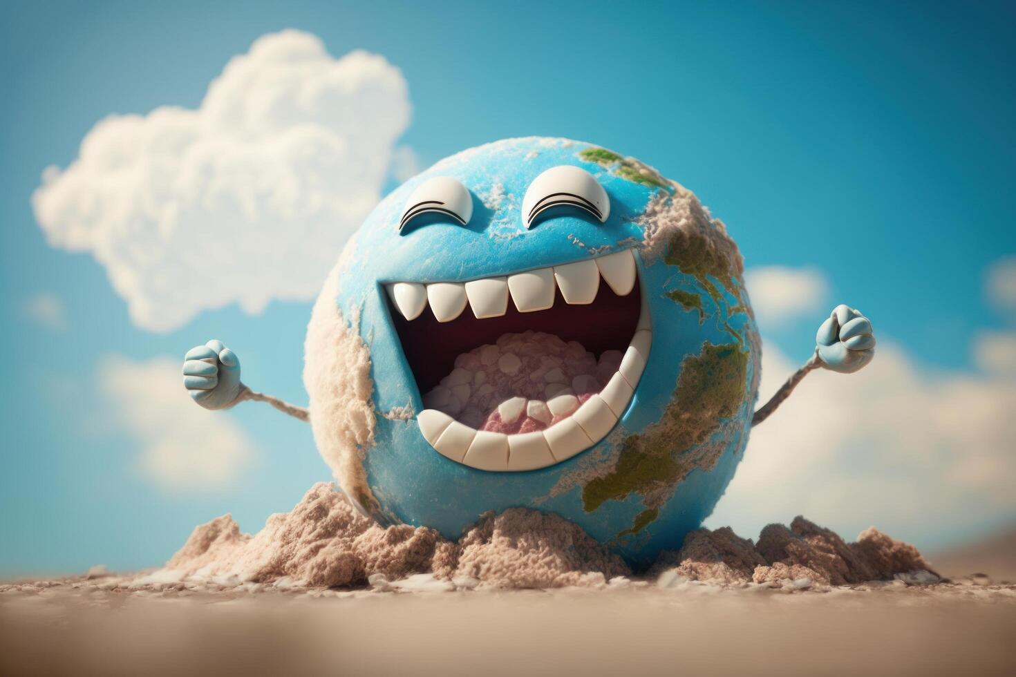 Cute earth character laughting on blue sky background, Happy Earth day, World laughter day. photo