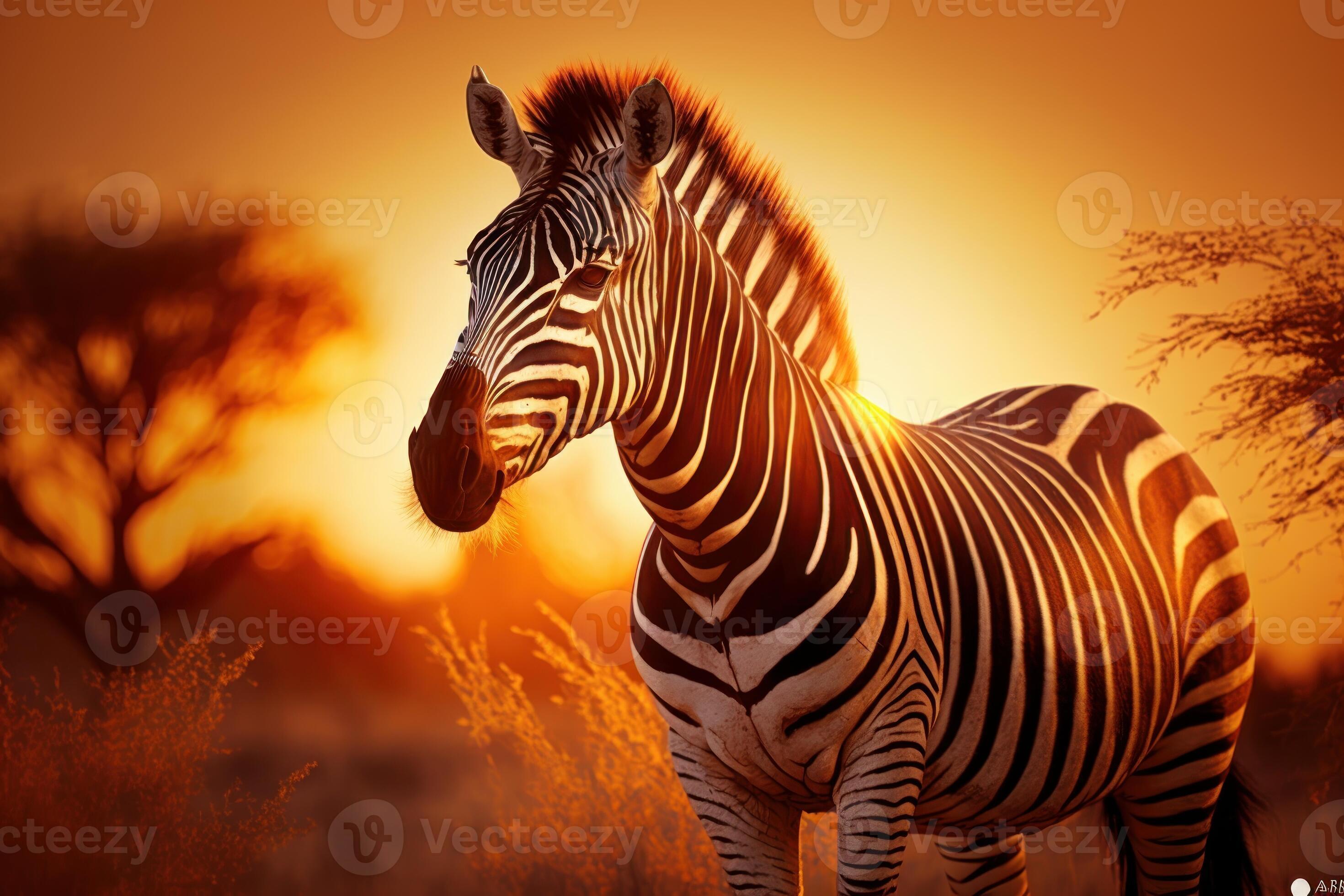 Zebra in savannah African wildlife on sunset background, Africa day