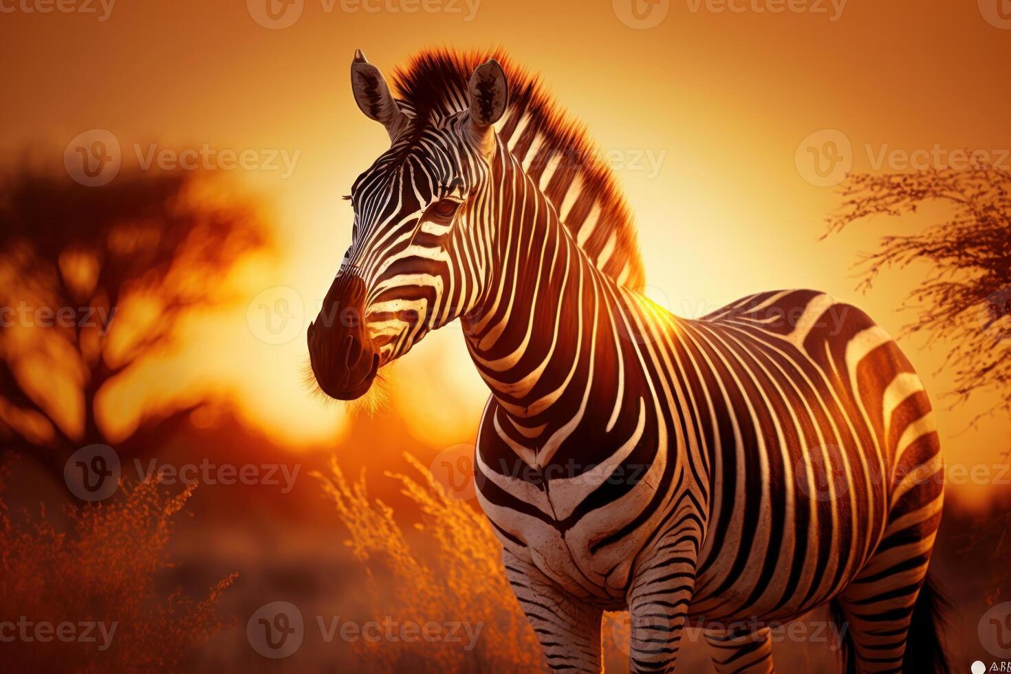 Zebra in savannah African wildlife on sunset background, Africa day. Created photo