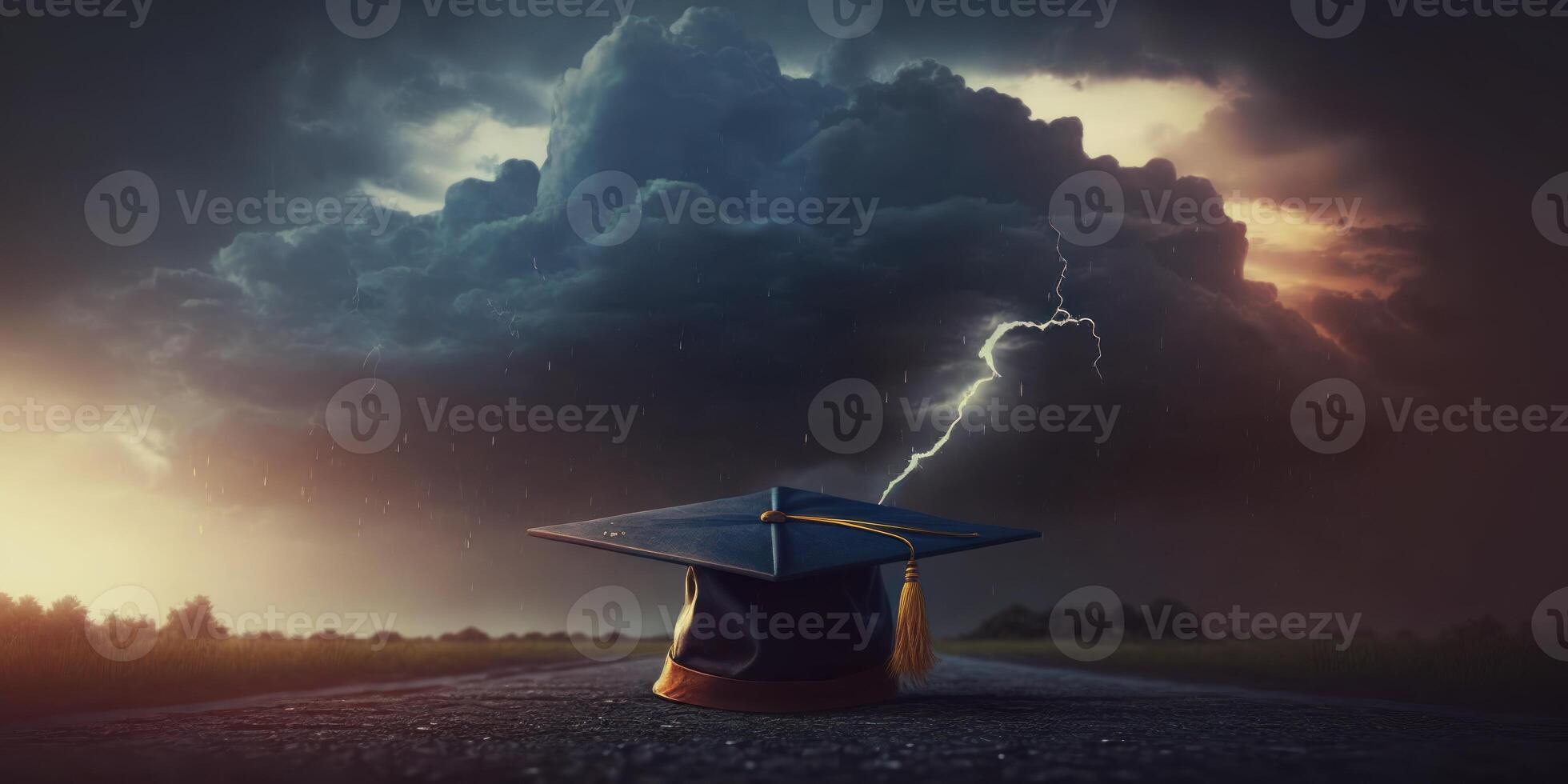 Graduation caps with thunder storm background, Graduation day Concept. photo