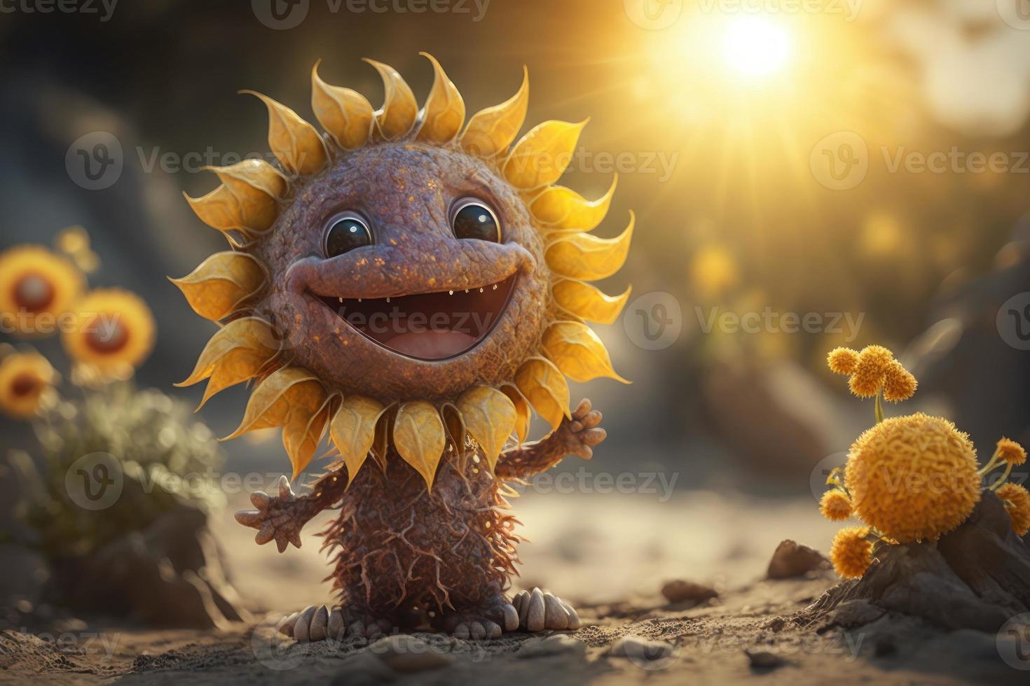 Joyful sun character laughting in fantasy world background. Created Generativa ai photo