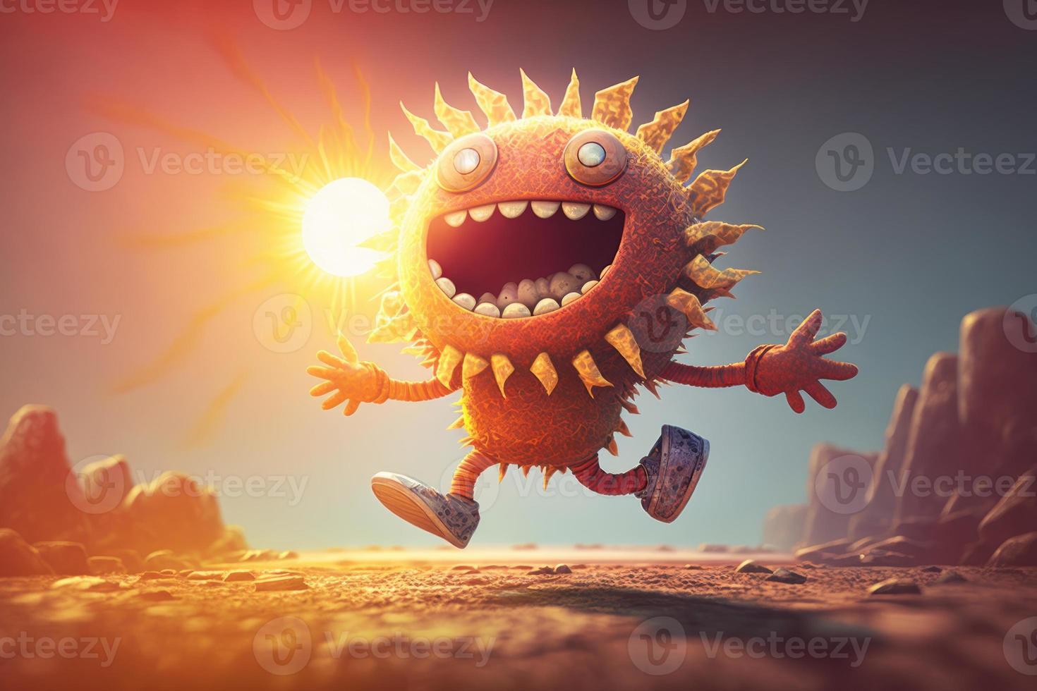 Joyful sun character laughting in fantasy world background. Created Generativa ai photo