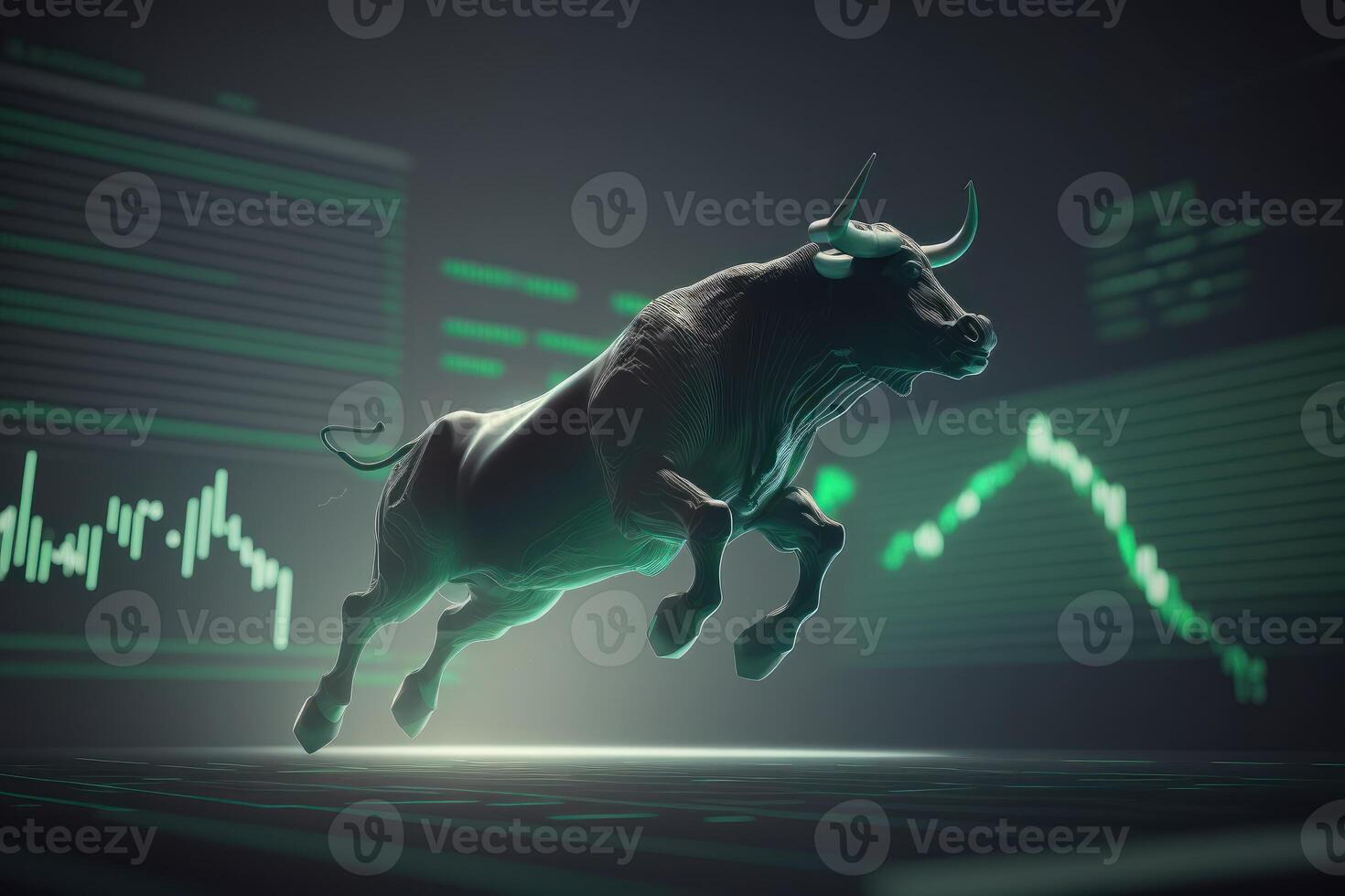 Bull bullish divergence in Stock market and Crypto currency with green graph background. Created photo