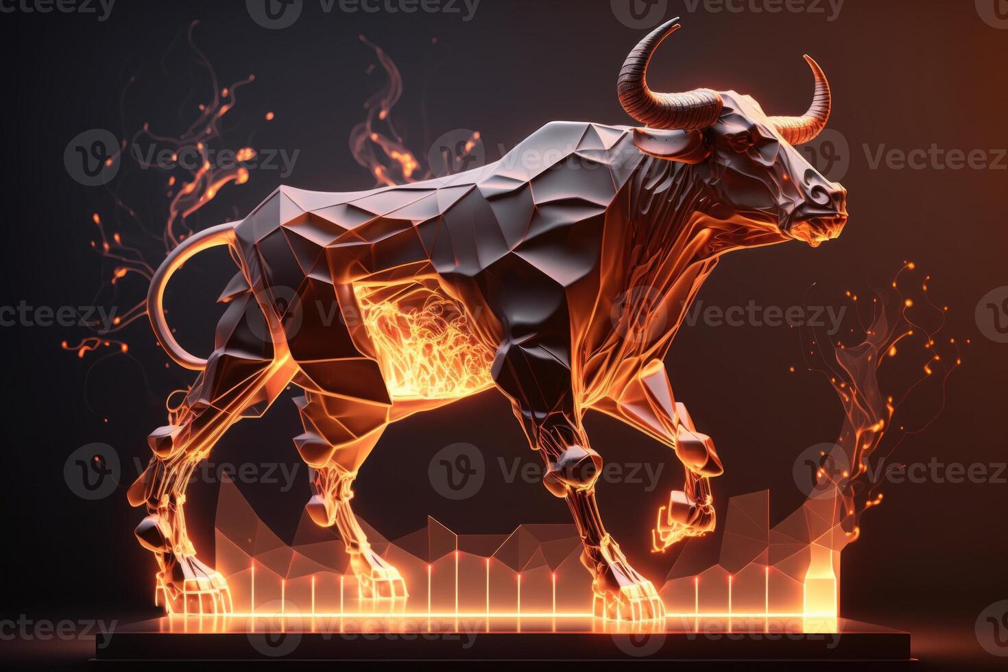 Fire sculpture of Bull, Bullish divergence in Stock market and Crypto currency. Created photo
