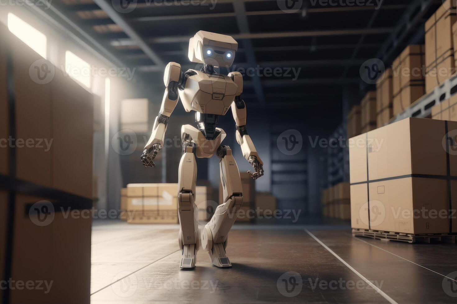 Smart Robotic observes and check in warehouse, Distribution logistics center concept. Created photo