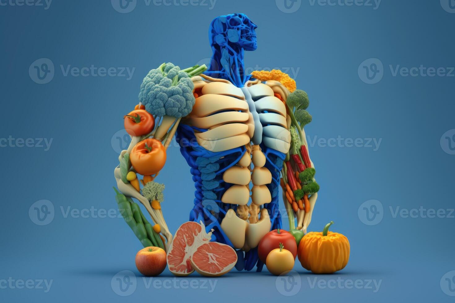 Vegetables forming a human body metabolism and nutrition, Eating Diet Food for Energy and Digestion. Created photo