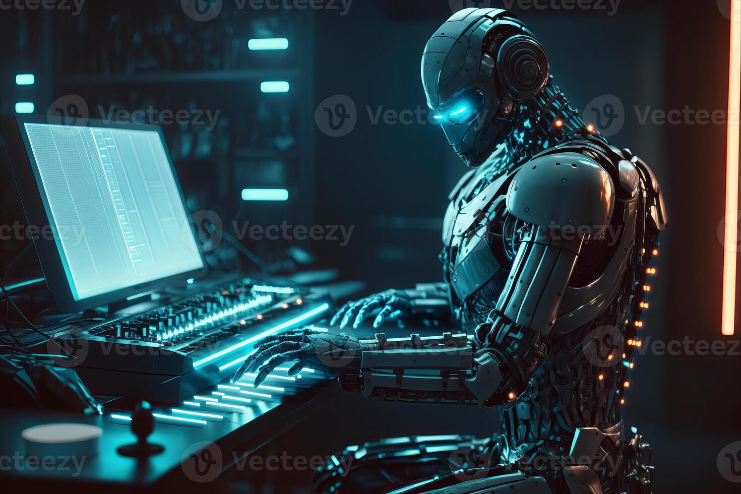 Ai Robot working with computer. Futuristic Humanoid worker. photo