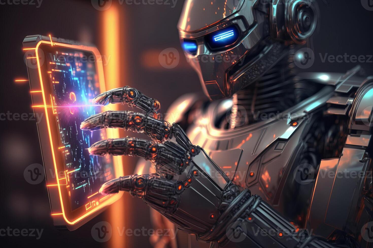 Closed up Ai Robot hand touching tablet and showing Ai data on screen, Artificial intelligence Concept. photo