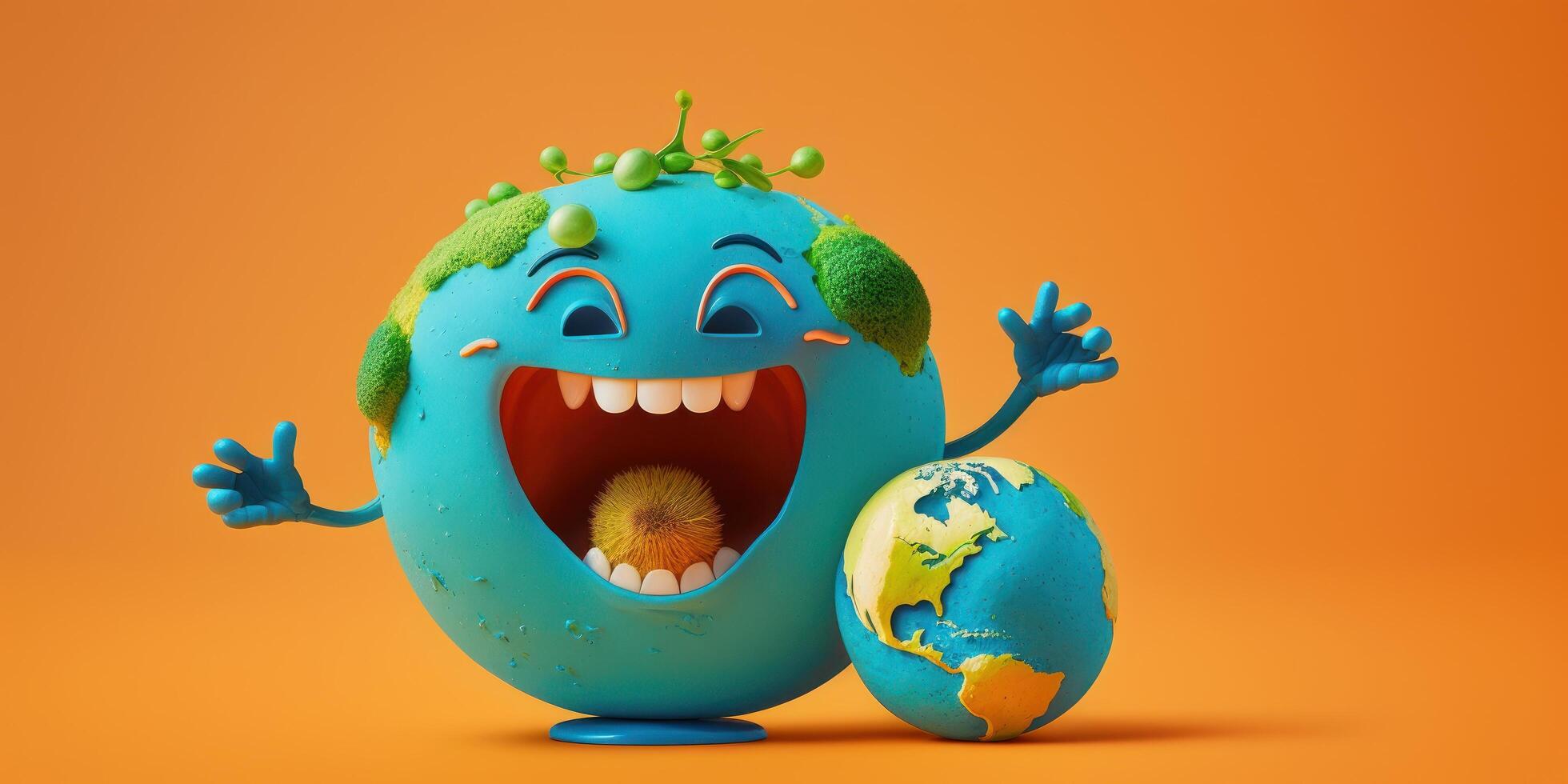 Cute Earth character laughting on orange background, Happy Earth day, World laughter day. photo