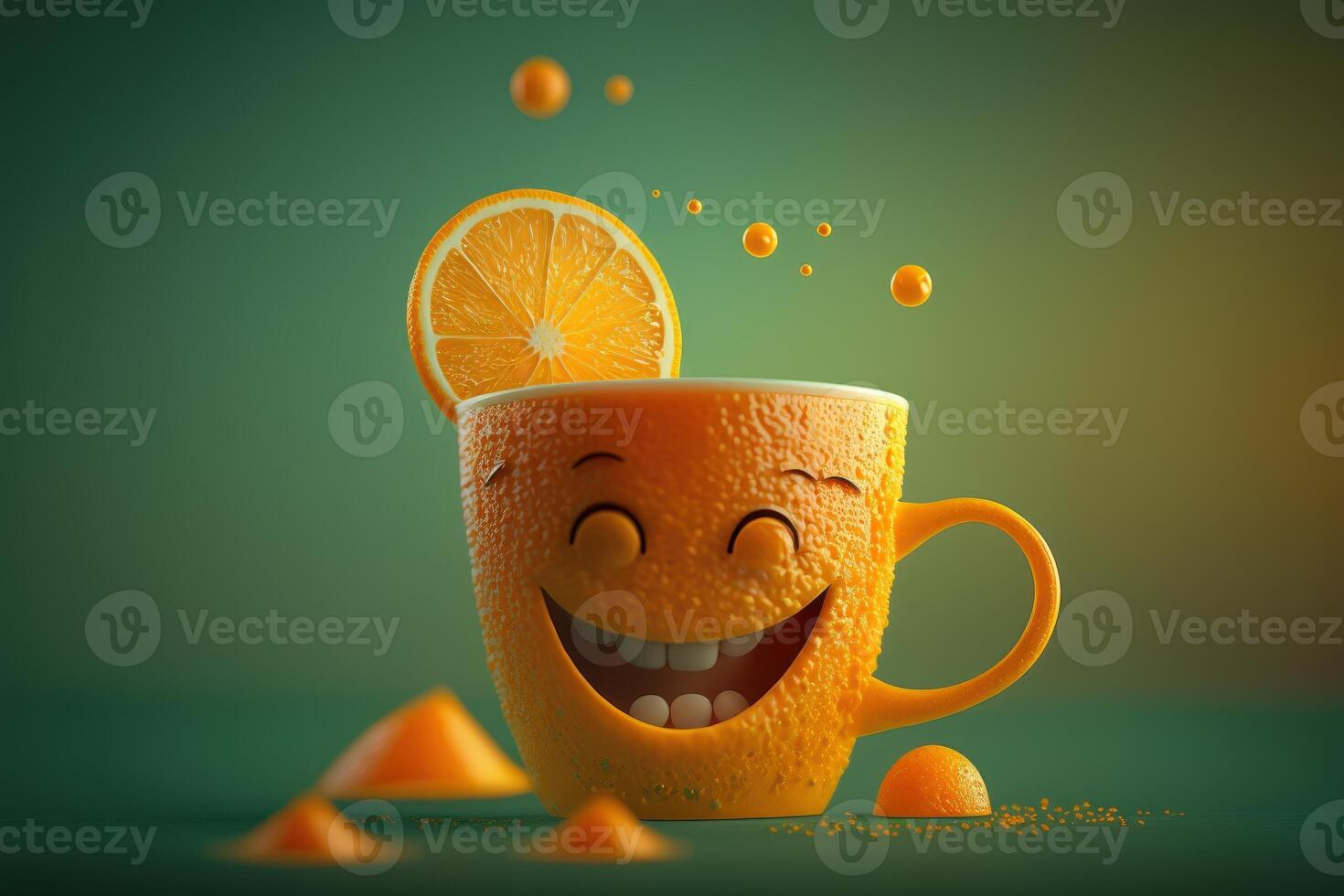 Cheerfull glass of Orange juice character smiling background. Freshy Orange juice. Created photo