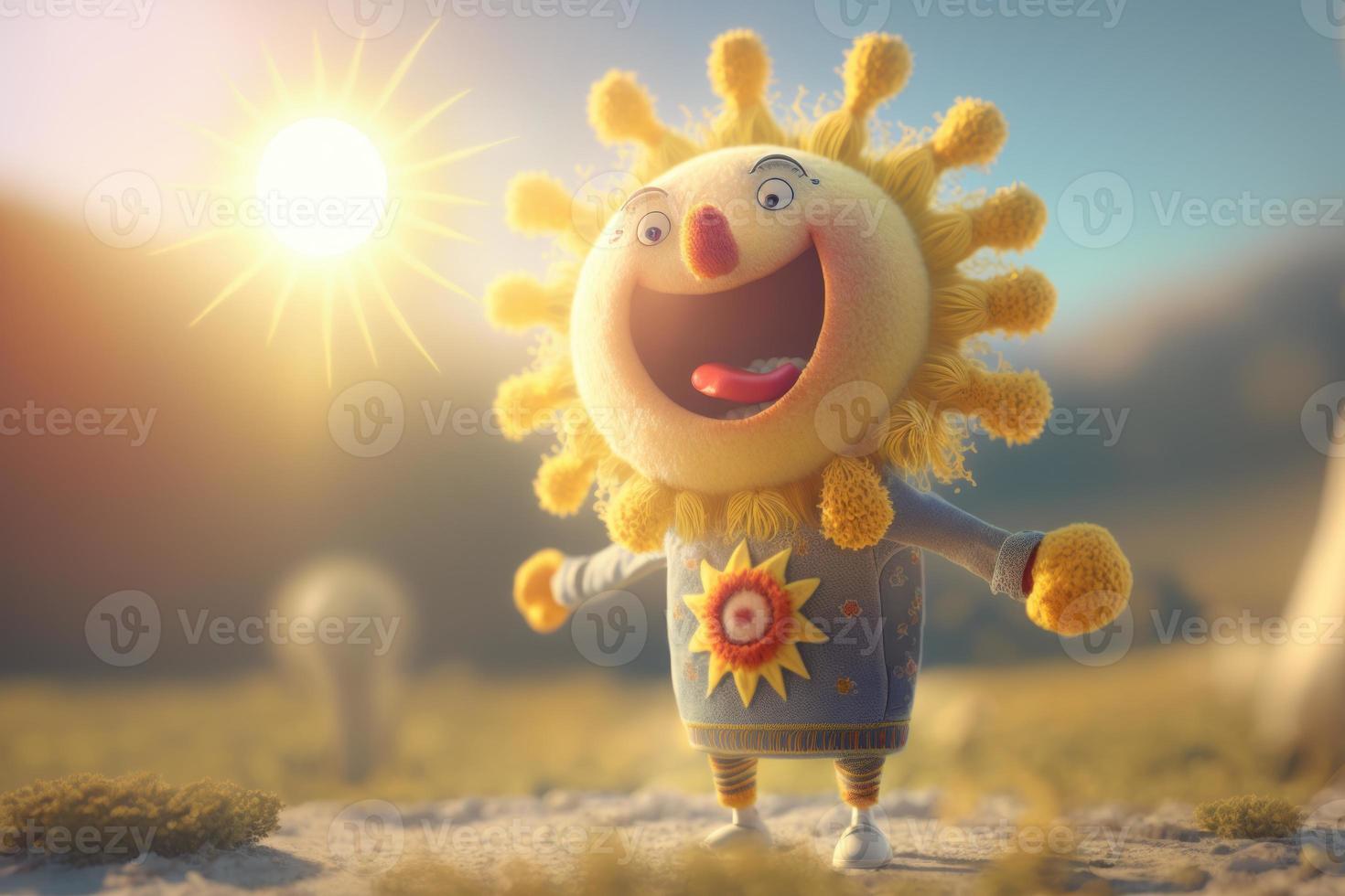 Joyful sun character laughting in fantasy world background. Created Generativa ai photo