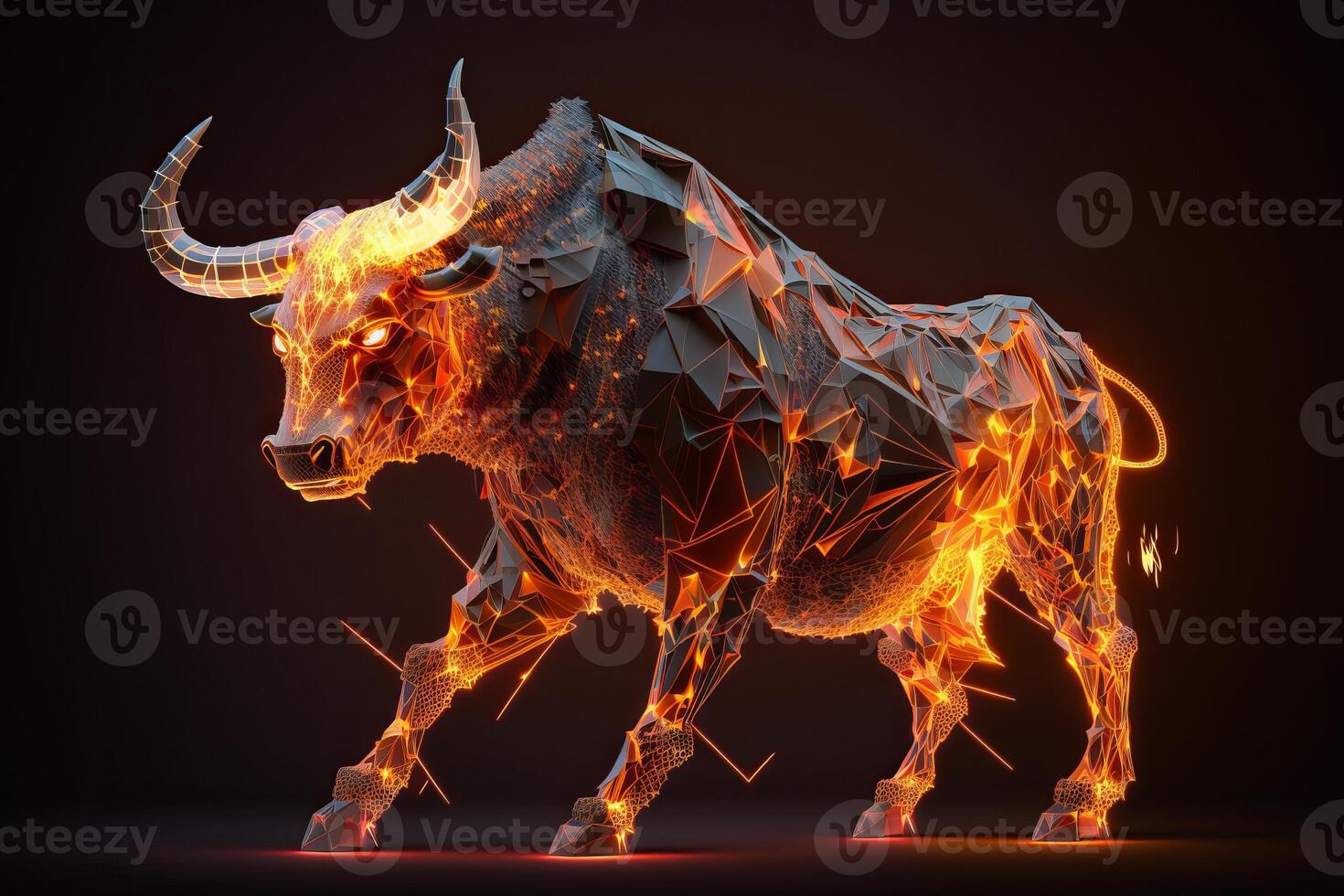 Fire sculpture of a Bull, Bullish in Stock market and Crypto currency. photo