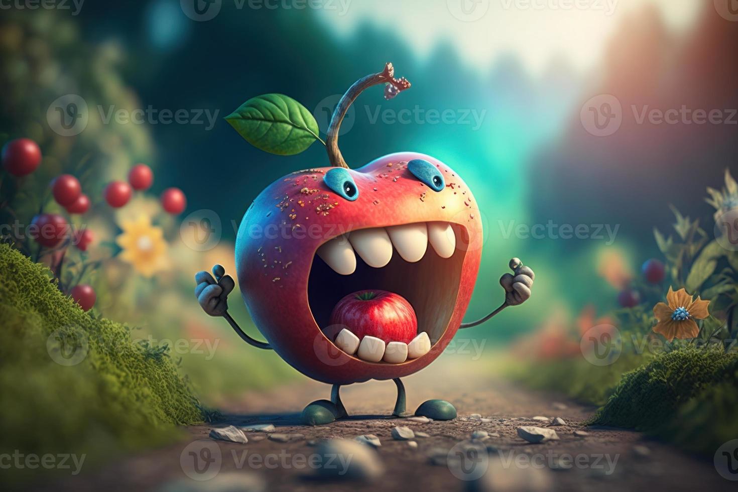 Joyful apple character laughting in fantasy world background. Created Generativa ai photo