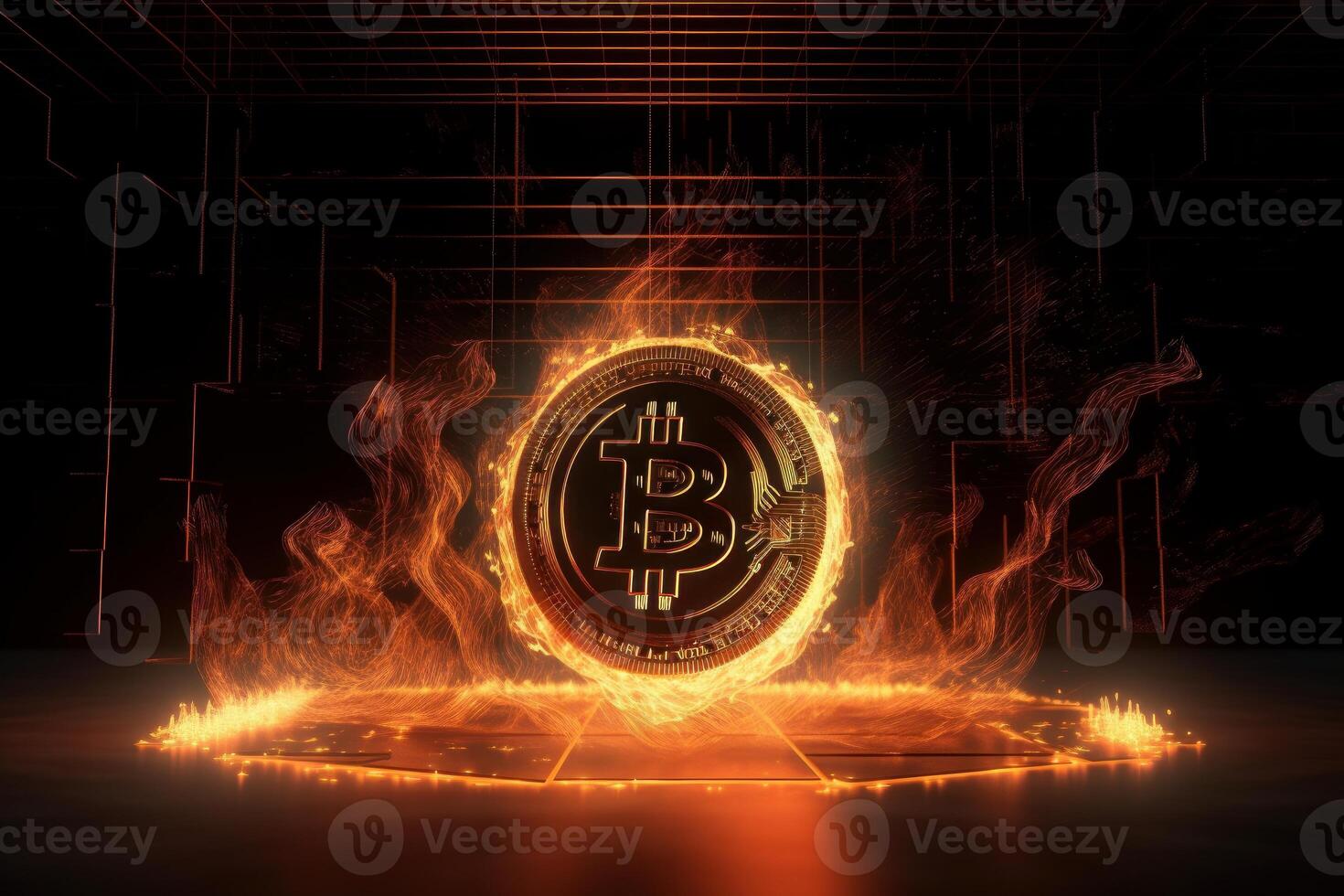 Burning bitcoin background, Crypto currency investment concept. photo