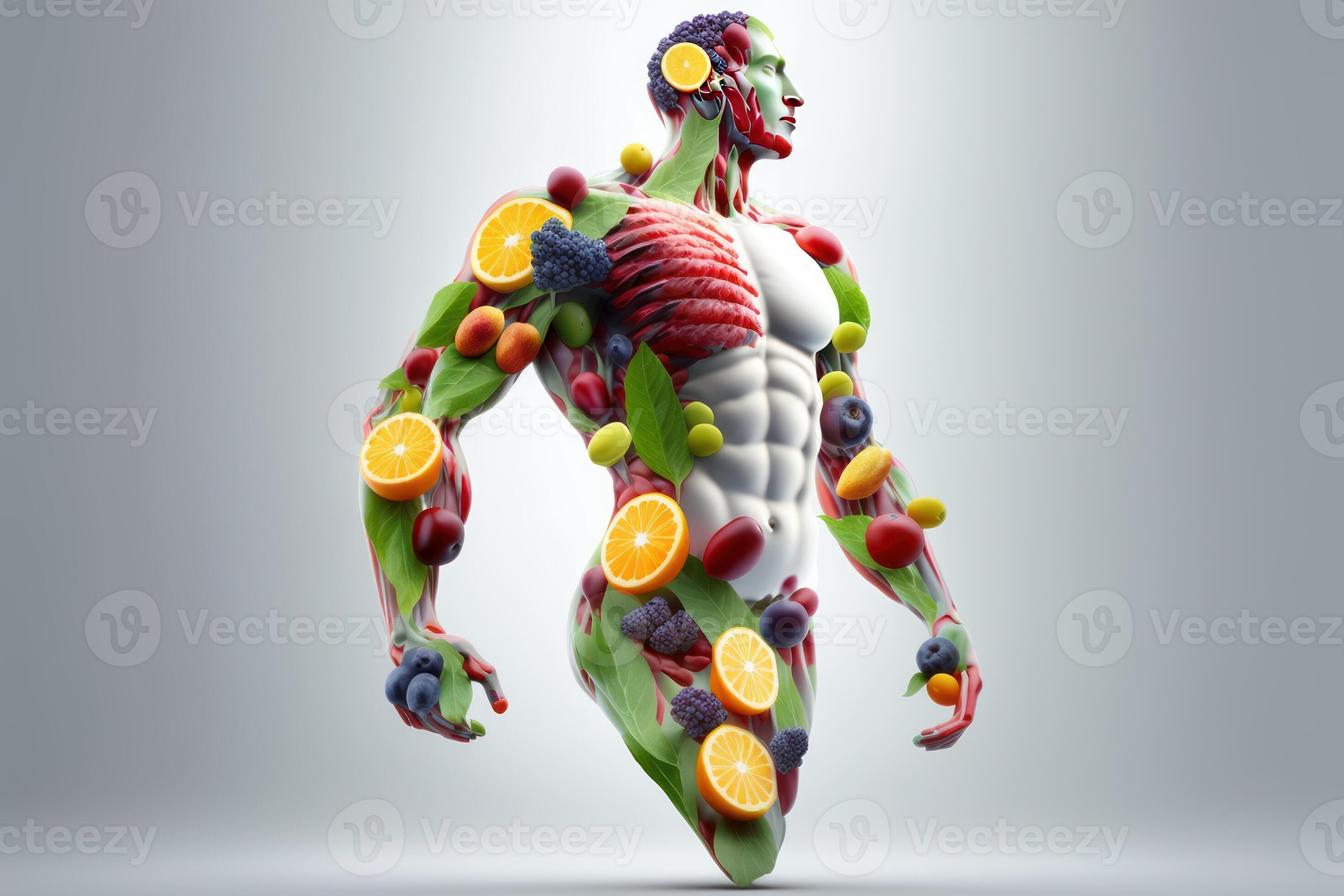 Fruits forming a strong body, Man posing muscular body builder
